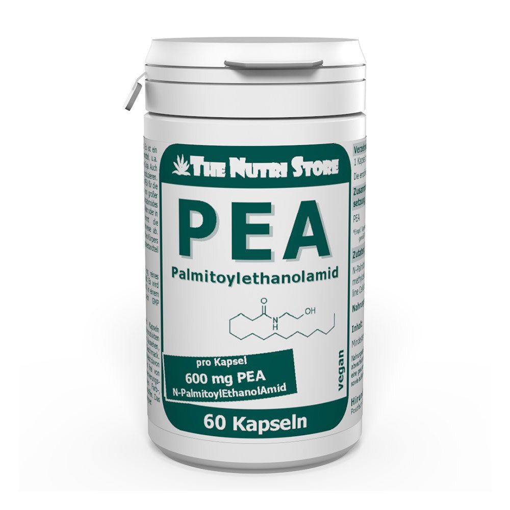 Weiße Dose mit grünem Etikett. Aufschrift PEA, Palmitoylethanolamid, 600 mg PEA, 60 Kapseln. Vegan.