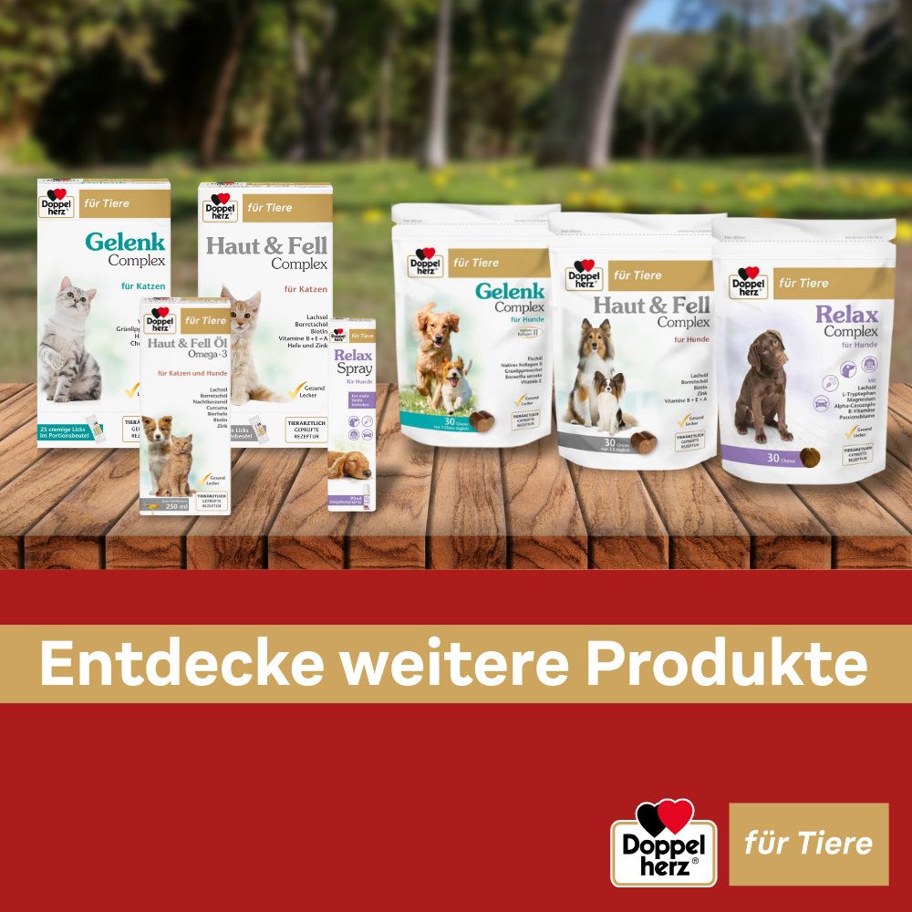 Verschiedene Produkte auf Holz. Entdecke weitere Produkte. Gelenk, Haut & Fell, Relax Complex.