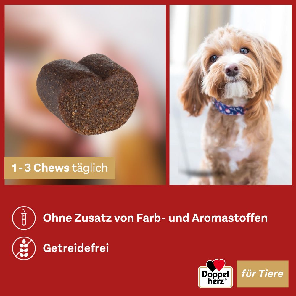 Brauner Chew. 1-3 Chews täglich. Ohne Zusatz von Farb- und Aromastoffen. Getreidefrei. Roter Hintergrund.