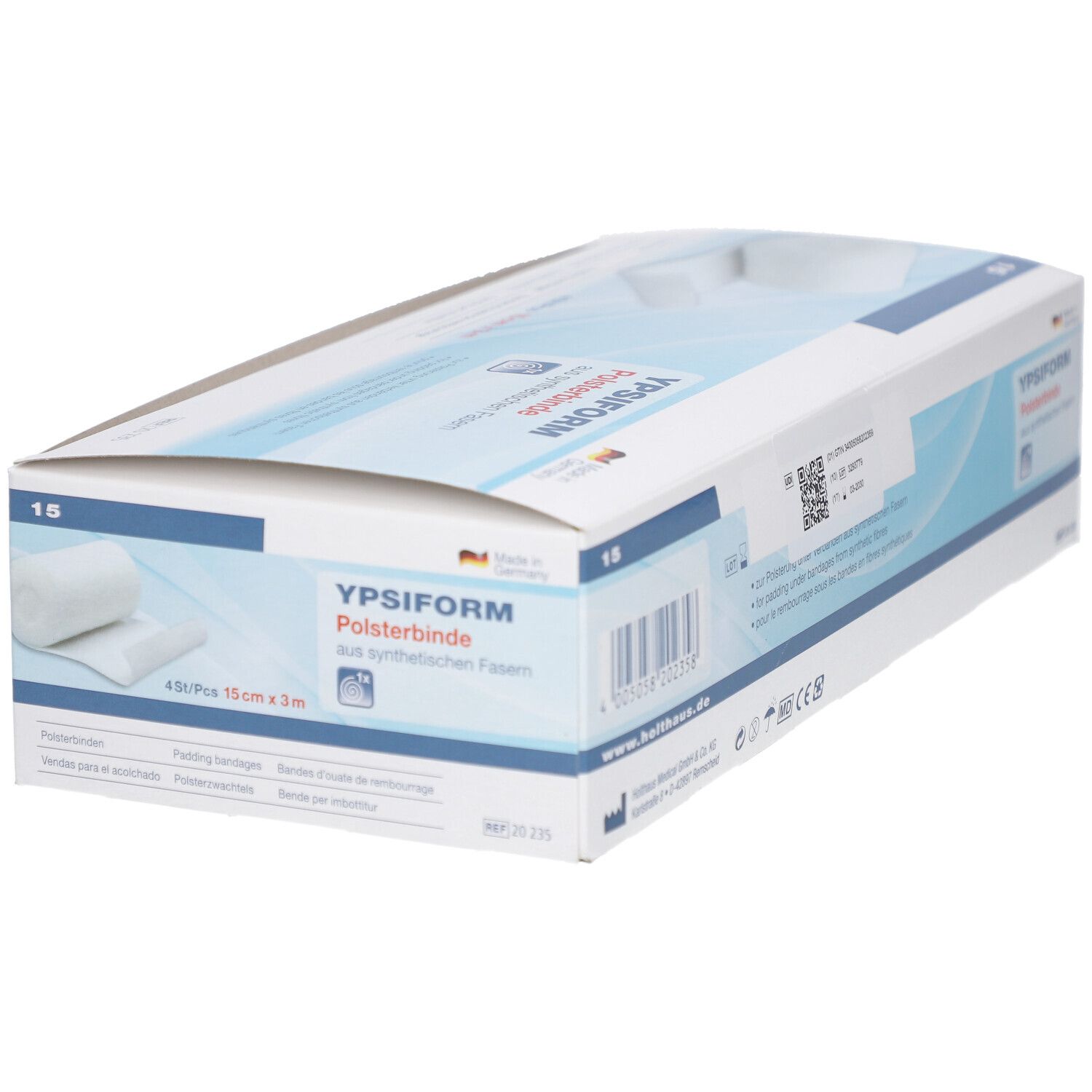 Verpackung mit YPSIFORM Polsterbinde. Aufschrift: 15 cm x 3 m. Mit Produktabbildung und Barcode.