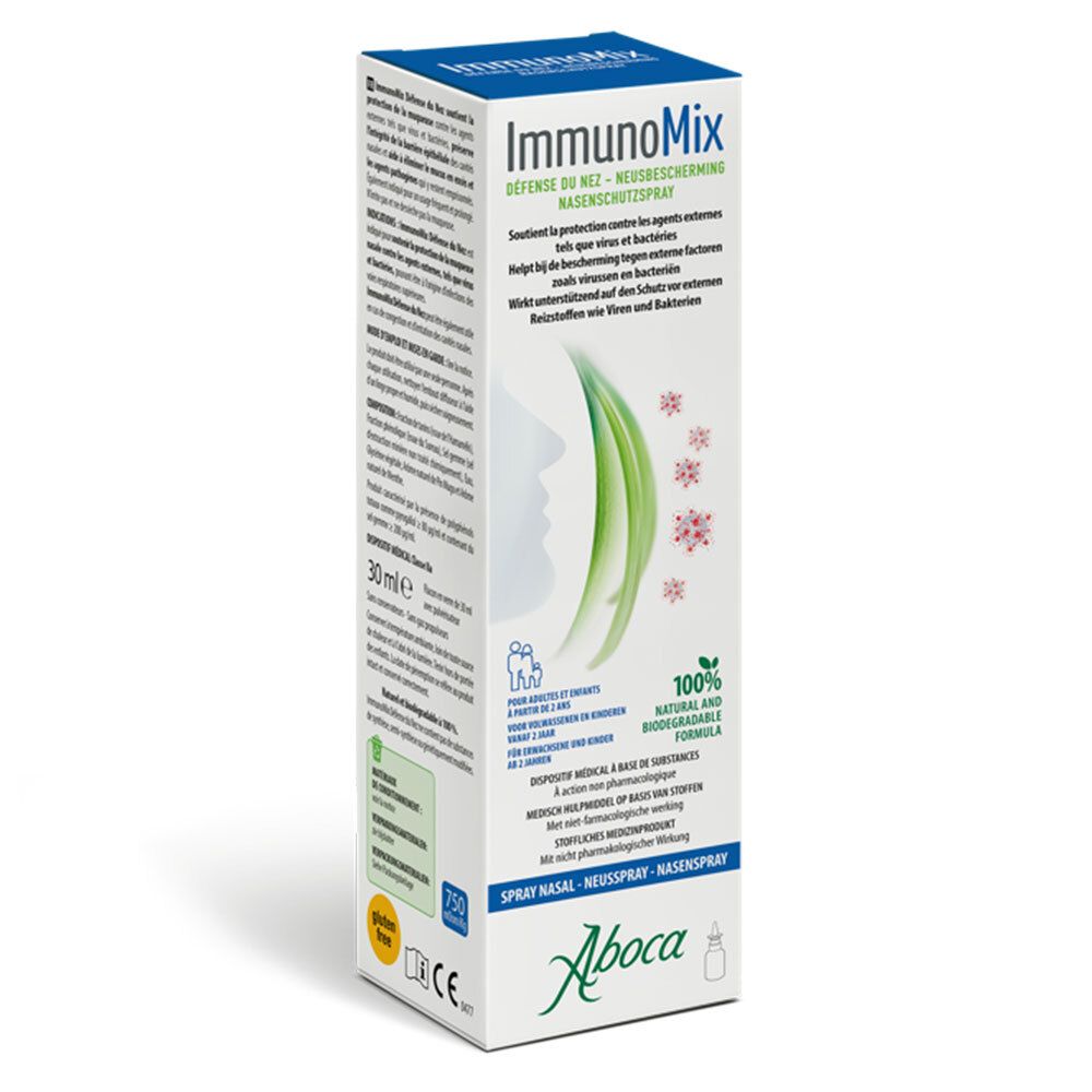 Karton von ImmunoMix Nasenschutz Spray. Grün-weißes Design mit Produktnamen und Aboca-Logo. 30ml.