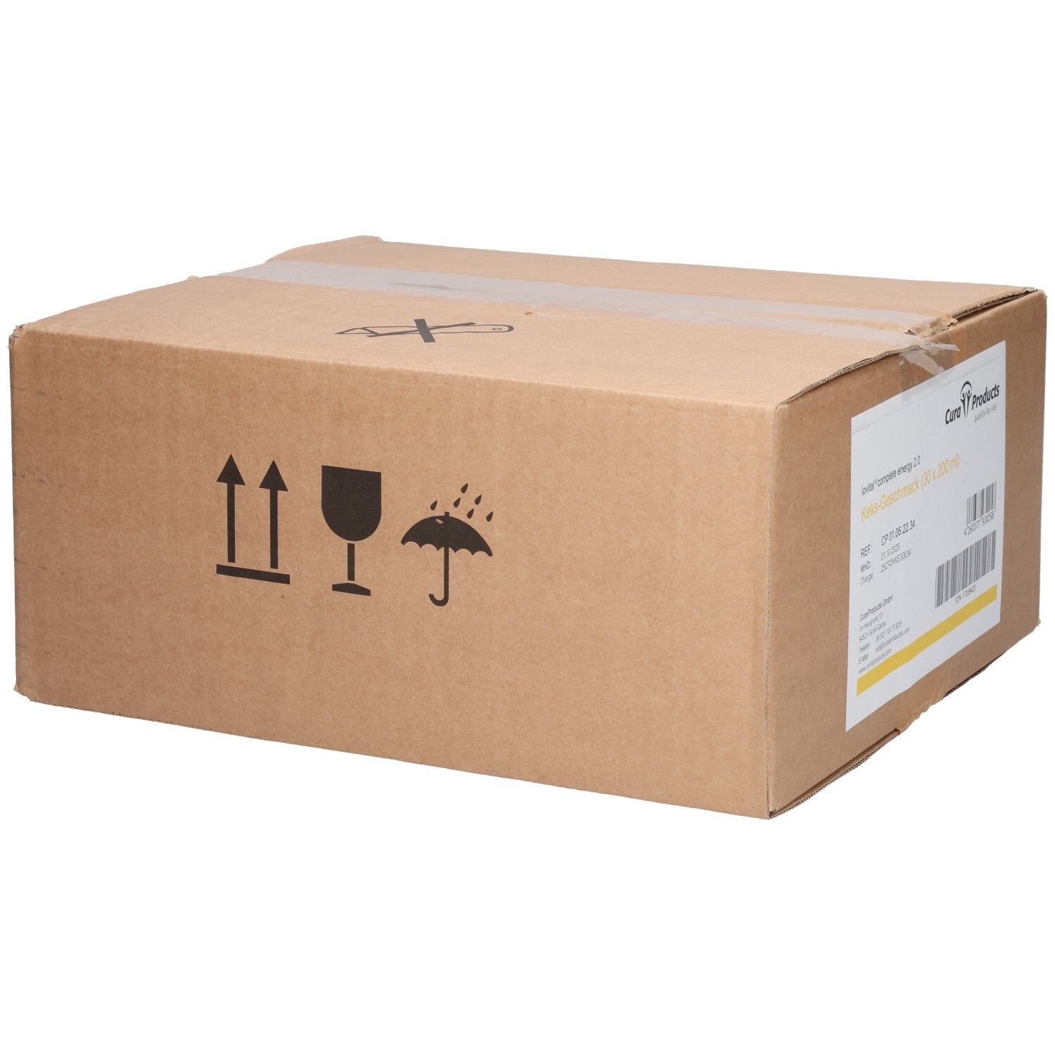 Braune Kartonverpackung mit Transport-Symbolen. Aufkleber mit Produktinformationen und Barcode. Verschluss mit Klebeband.