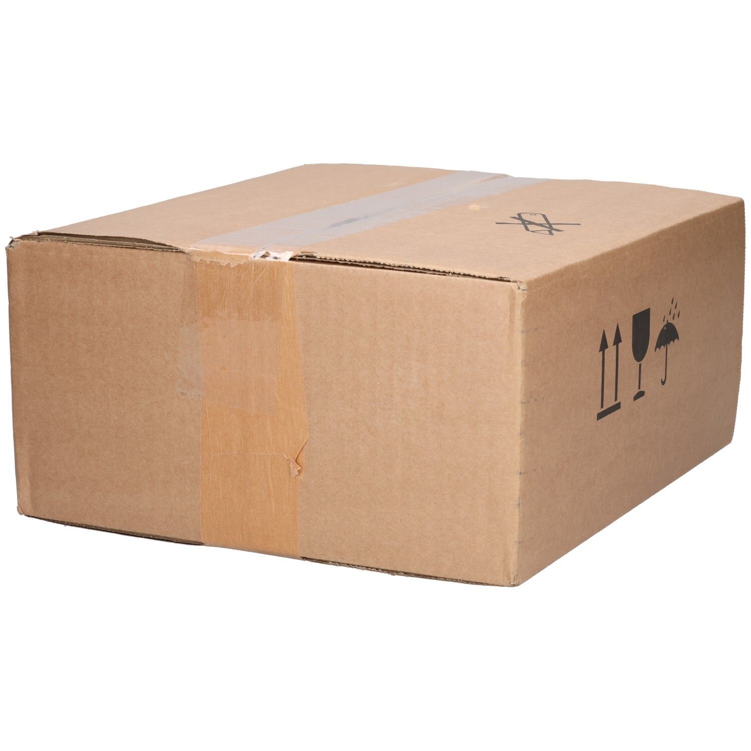 Braune Kartonverpackung, verschlossen mit Klebeband. Auf der Seite Transport-Symbole. Keine Produktinformationen sichtbar.