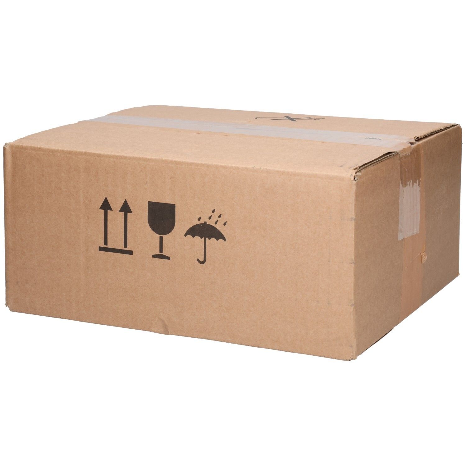Braune Kartonverpackung mit Transport-Symbolen. Verschlossen mit Klebeband. Keine Produktinformationen sichtbar.