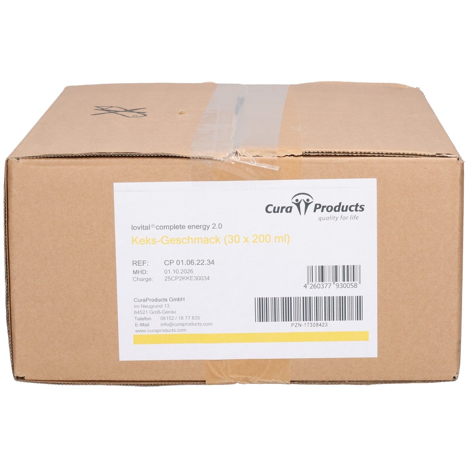 Kartonverpackung mit Produktinformationen. Aufschrift: LOVITAL complete energy 2.0 Keks-Geschmack (30 x 200 ml). Barcode und Logos.