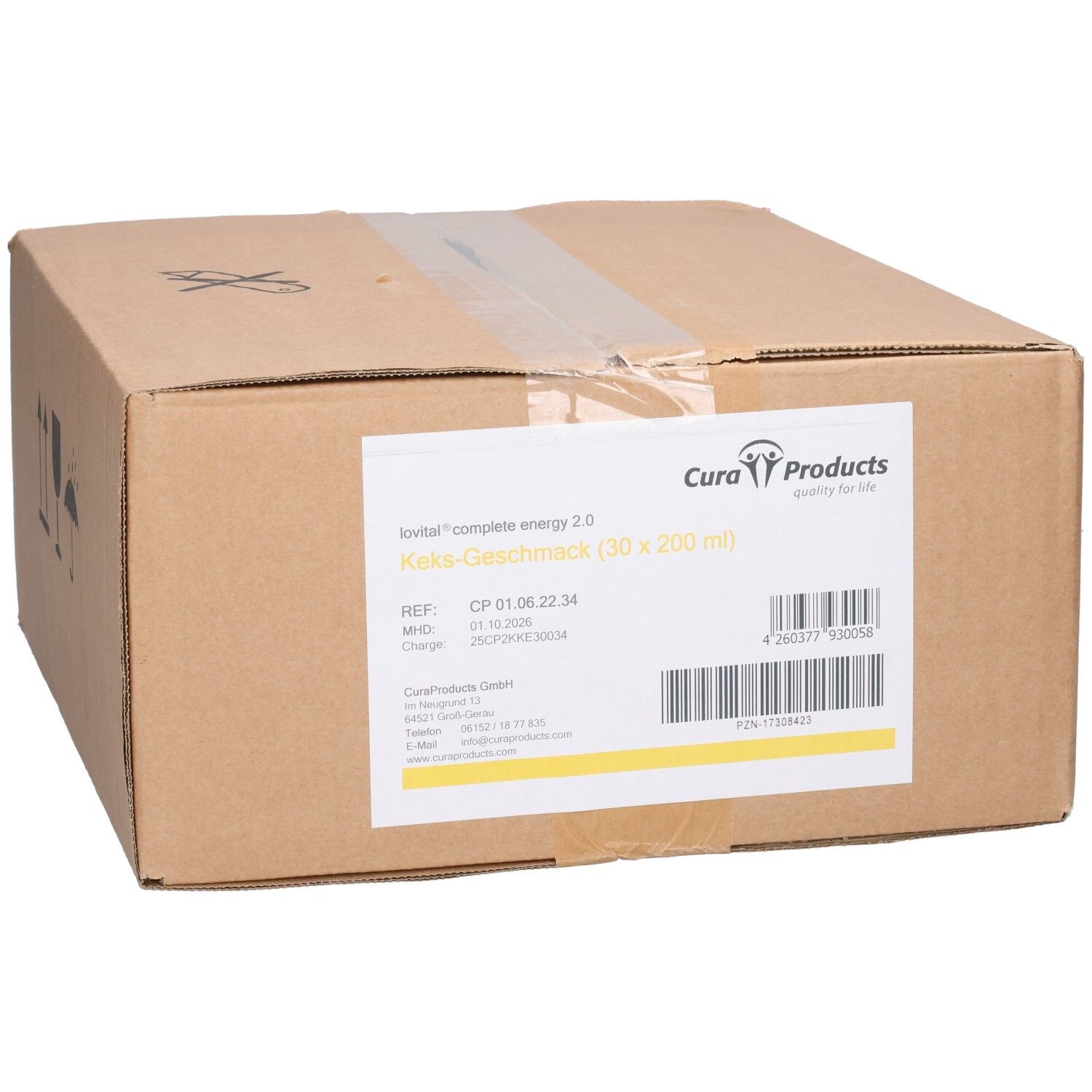 Kartonverpackung mit Produktinformationen. Aufschrift: LOVITAL complete energy 2.0 Keks-Geschmack (30 x 200 ml). Barcode und Logos.