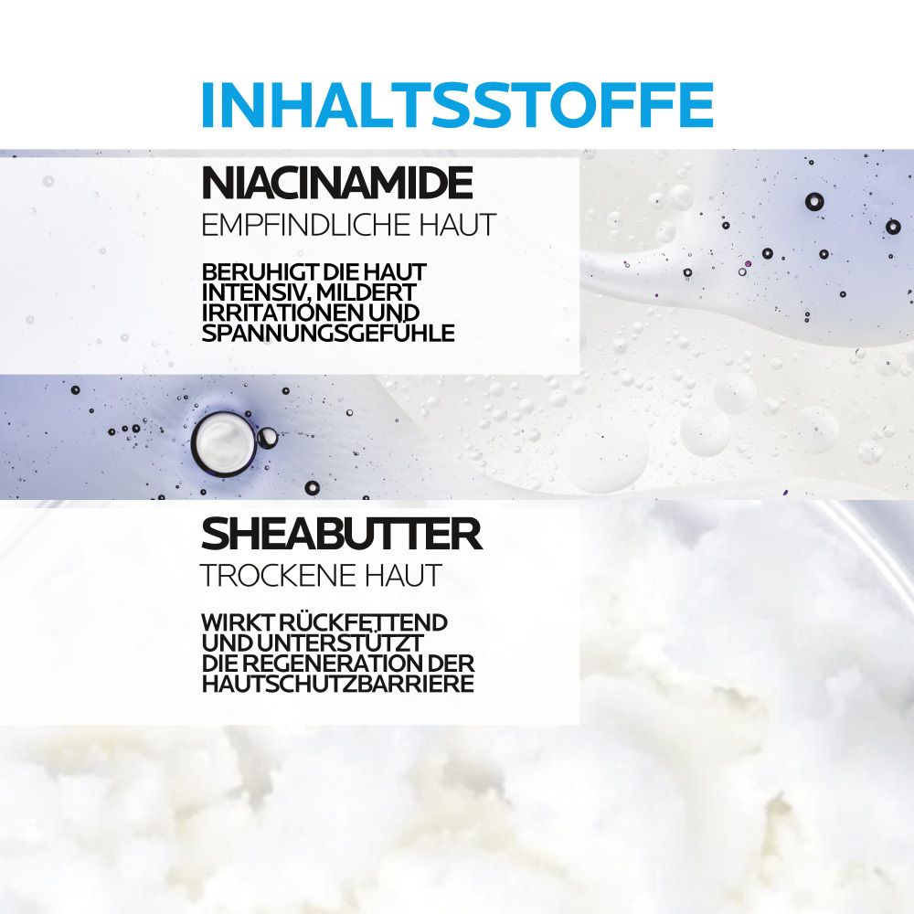 Inhaltsstoffe: Niacinamid, Sheabutter. Text: Beruhigt, wirkt rückfettend.