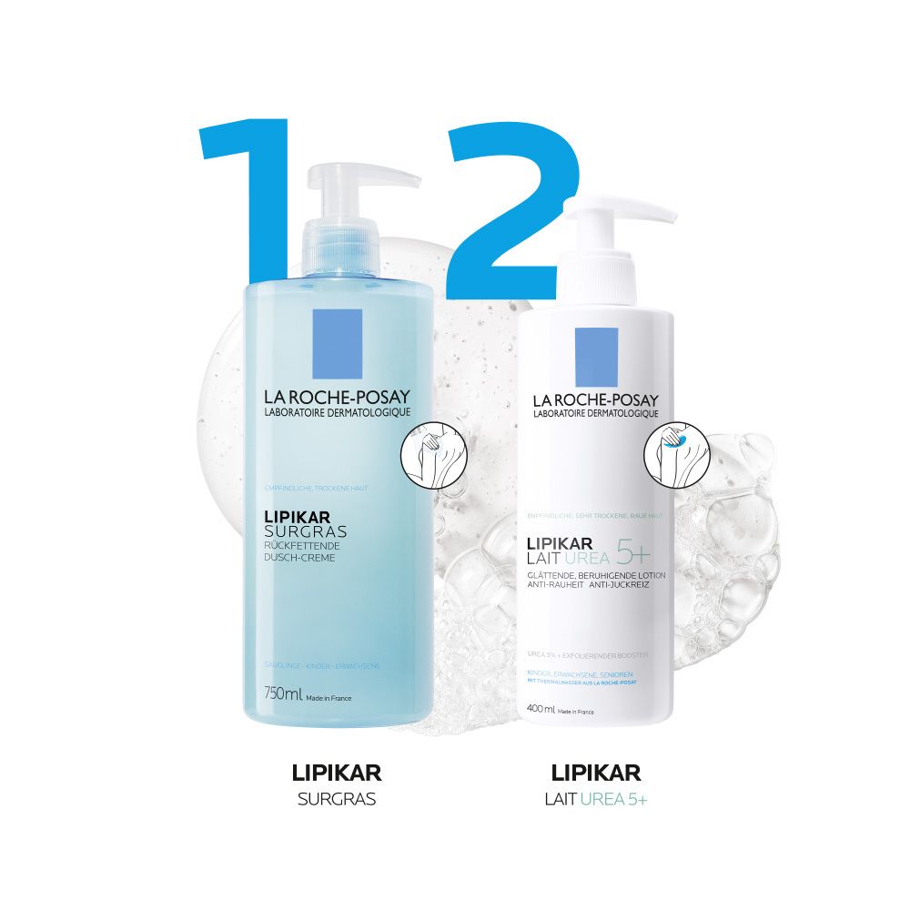 Zwei La Roche-Posay Lipikar Produkte. Text: Lipikar Surgras, Lait Urea 5+.