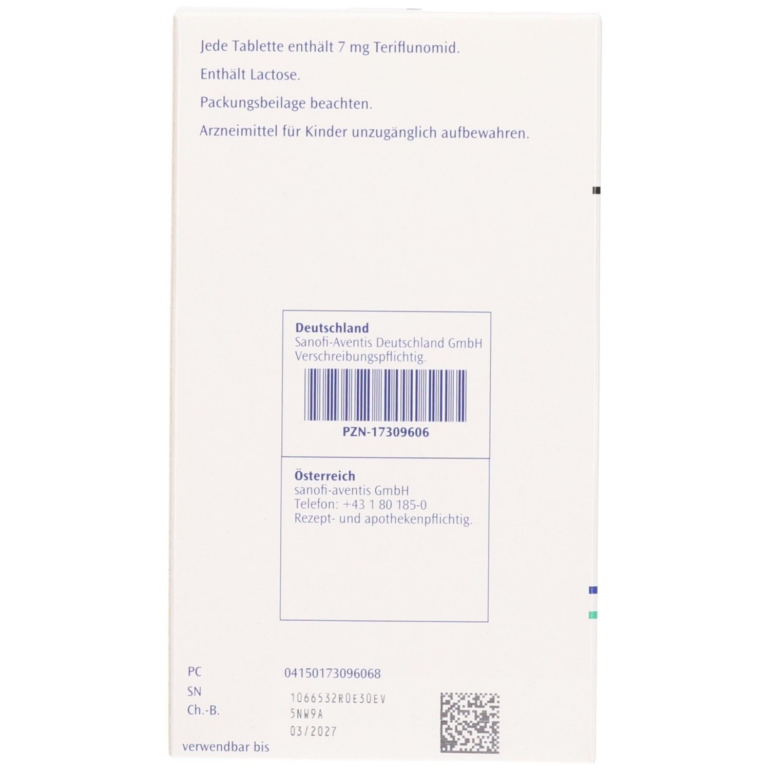 Rückseite der Aubagio 7 mg Filmtabletten Packung mit Herstellerinformationen und PZN.