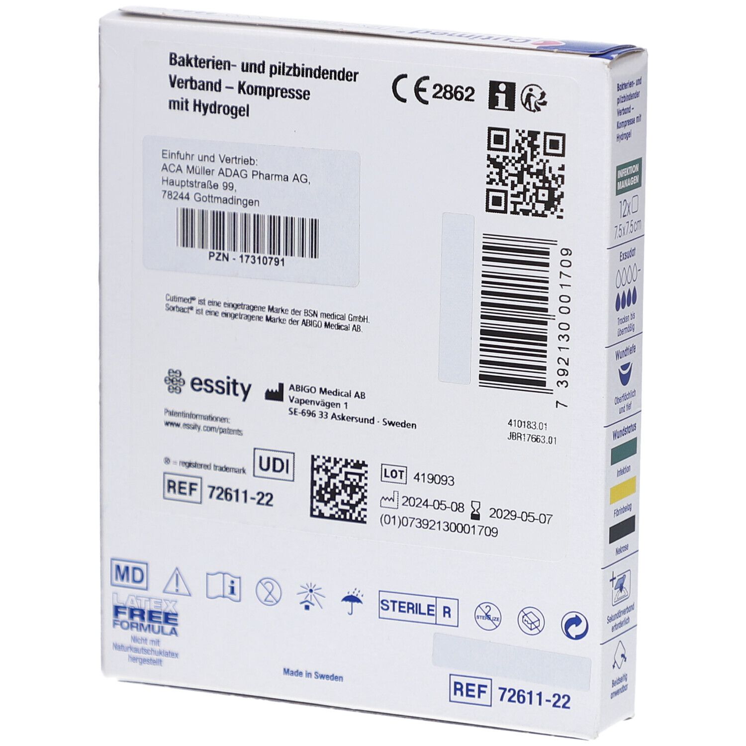 Rückseite der Cutimed Sorbact Gel Verpackung mit Herstellerangaben und CE-Kennzeichnung.
