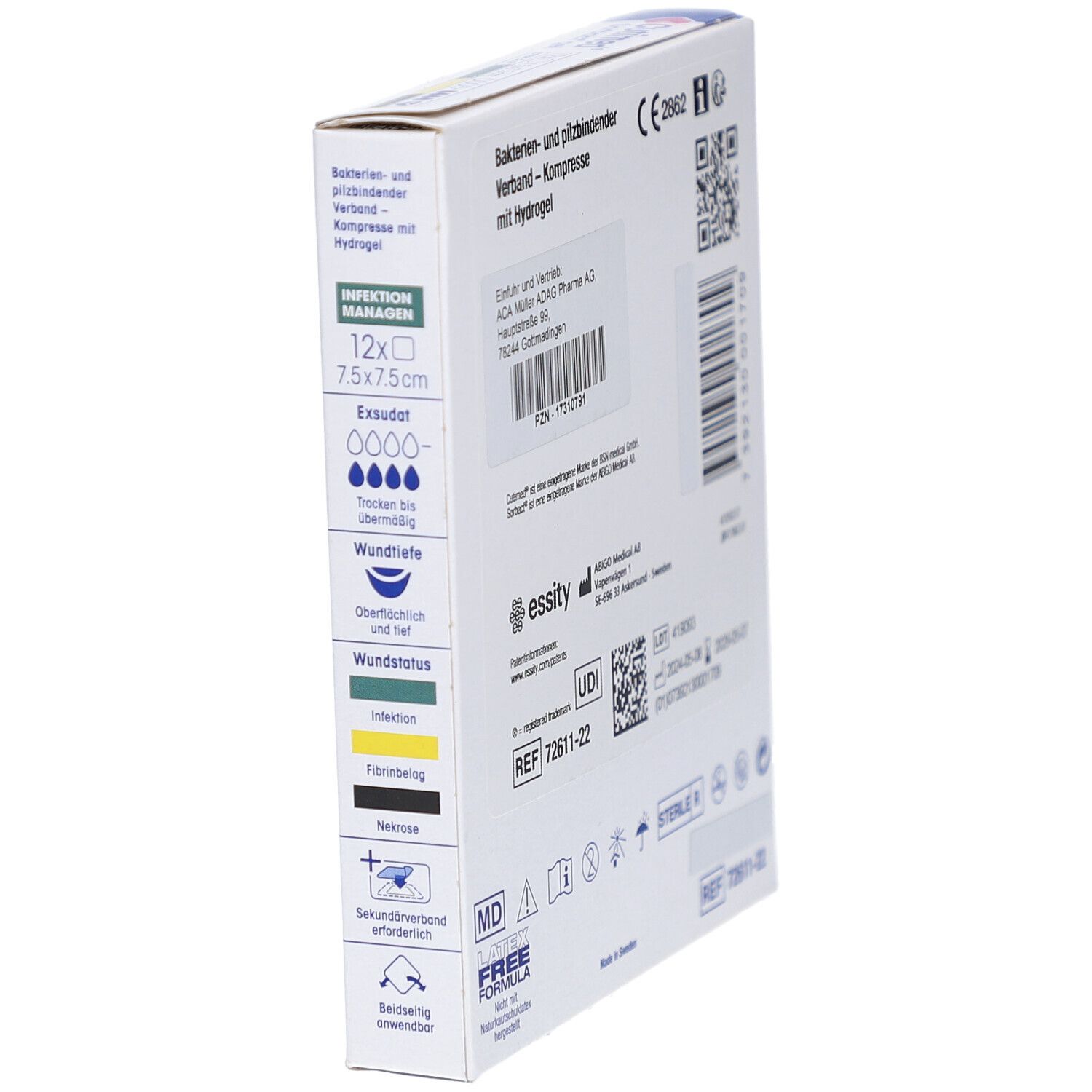 Seitenansicht der Cutimed Sorbact Gel Verpackung mit Anwendungshinweisen und CE-Kennzeichnung.