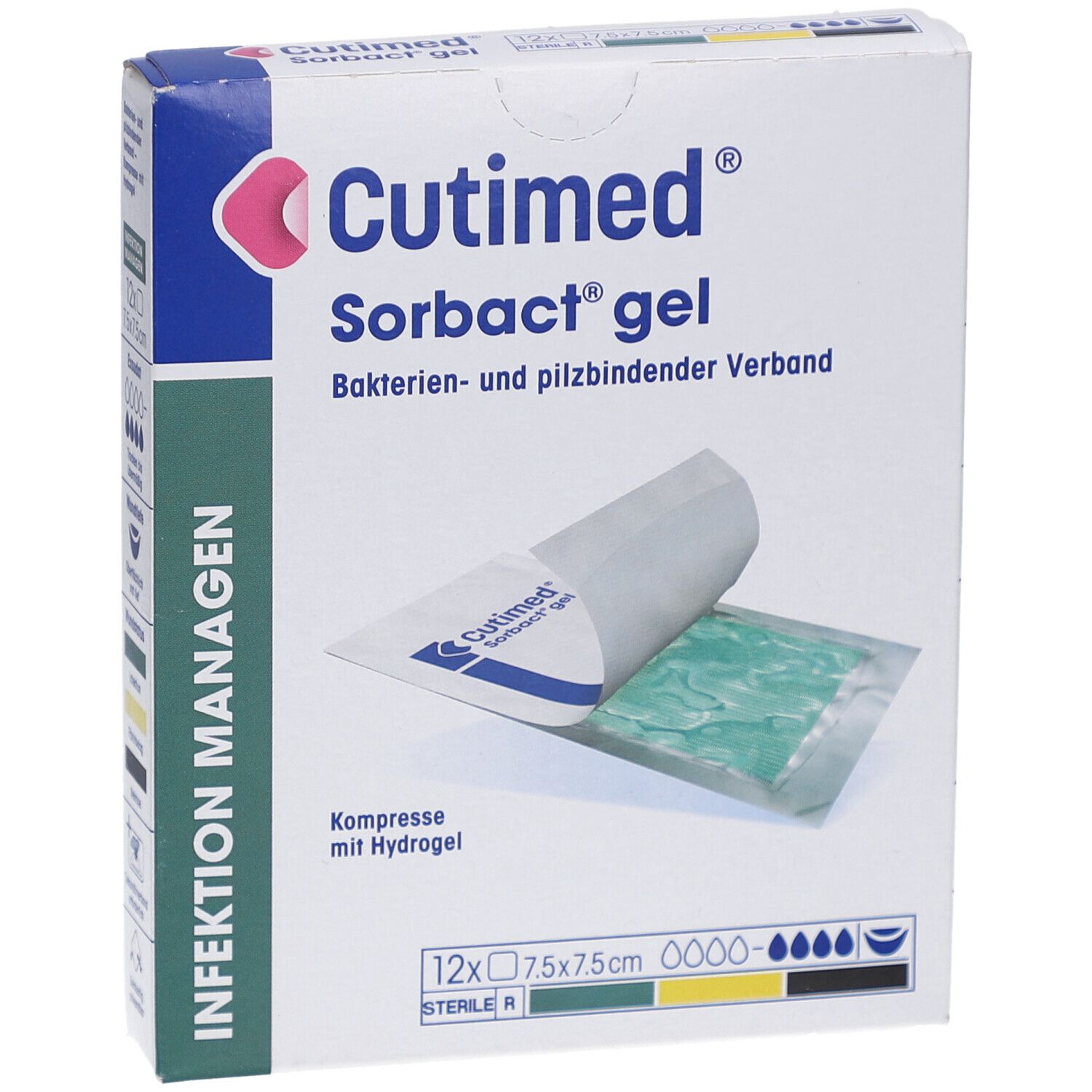 Vorderseite der Cutimed Sorbact Gel Verpackung, zeigt eine offene Kompresse mit Hydrogel.
