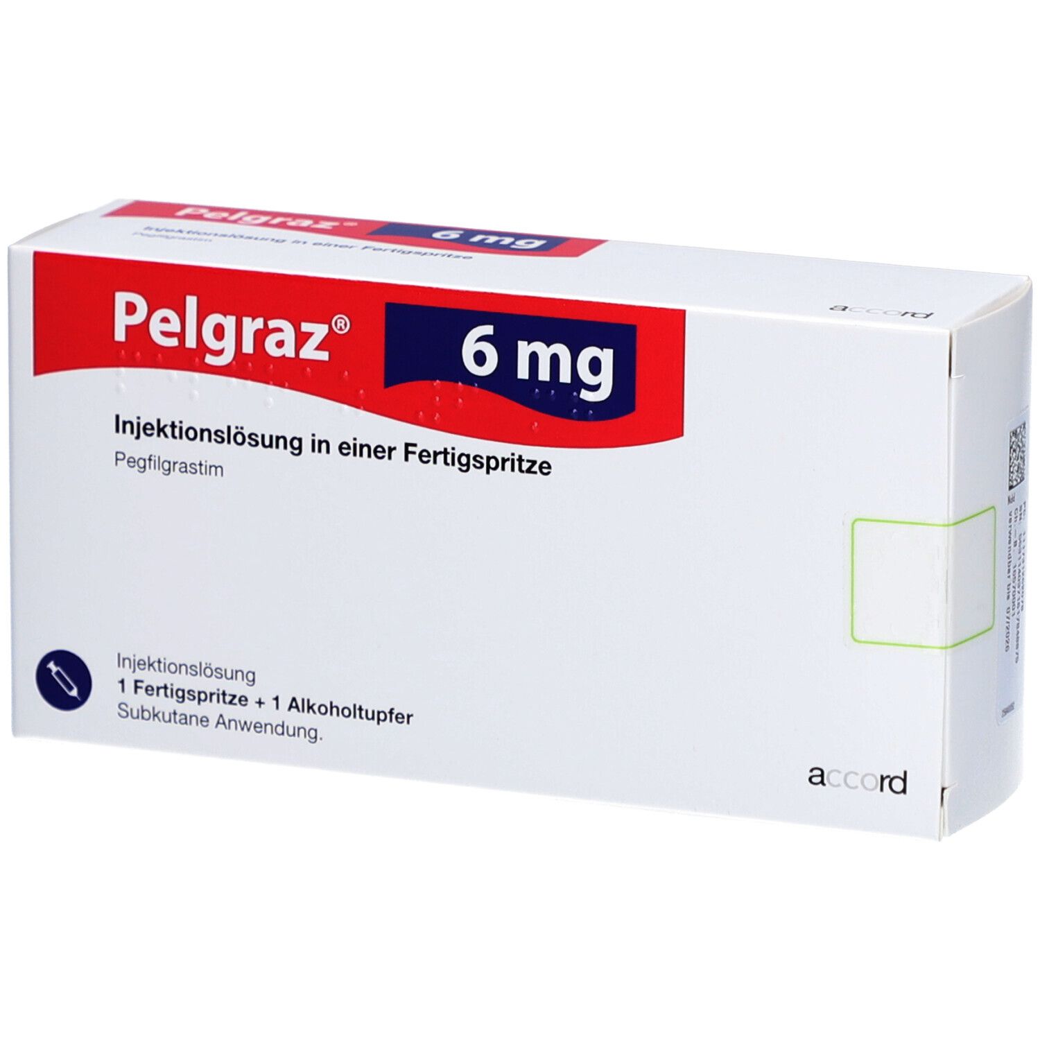 Verpackung von Pelgraz 6 mg. Aufschrift: Injektionslösung in einer Fertigspritze. Enthält eine Fertigspritze und Alkoholtupfer.