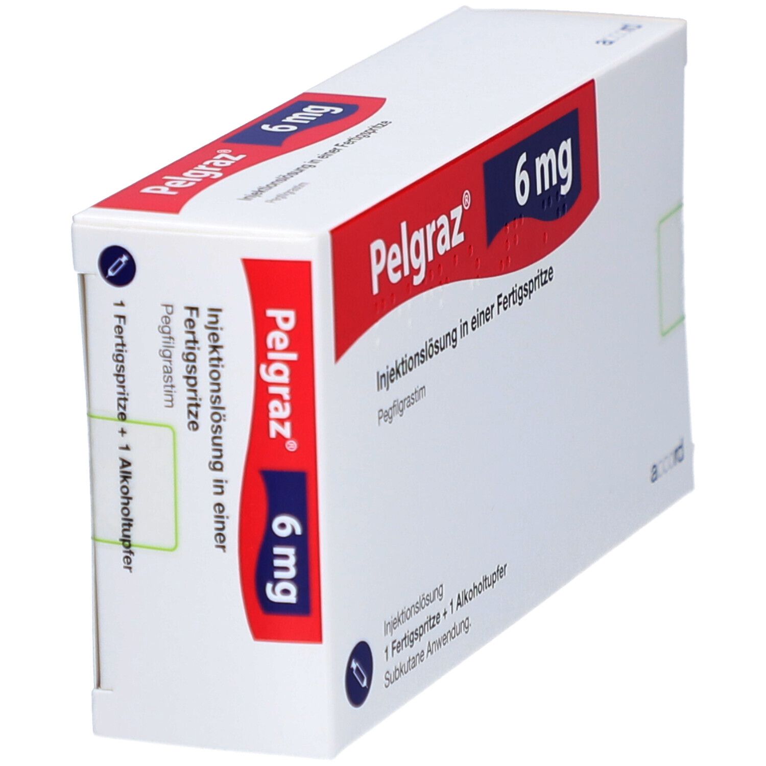 Schräg gestellte Verpackung von Pelgraz 6 mg. Aufschrift: Injektionslösung in einer Fertigspritze. Enthält eine Fertigspritze und Alkoholtupfer.