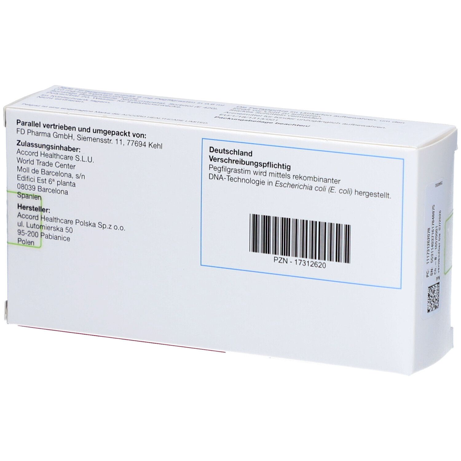 Rückseite der Pelgraz 6 mg Verpackung. Enthält Informationen wie Hersteller, Chargennummer und PZN-Nummer.