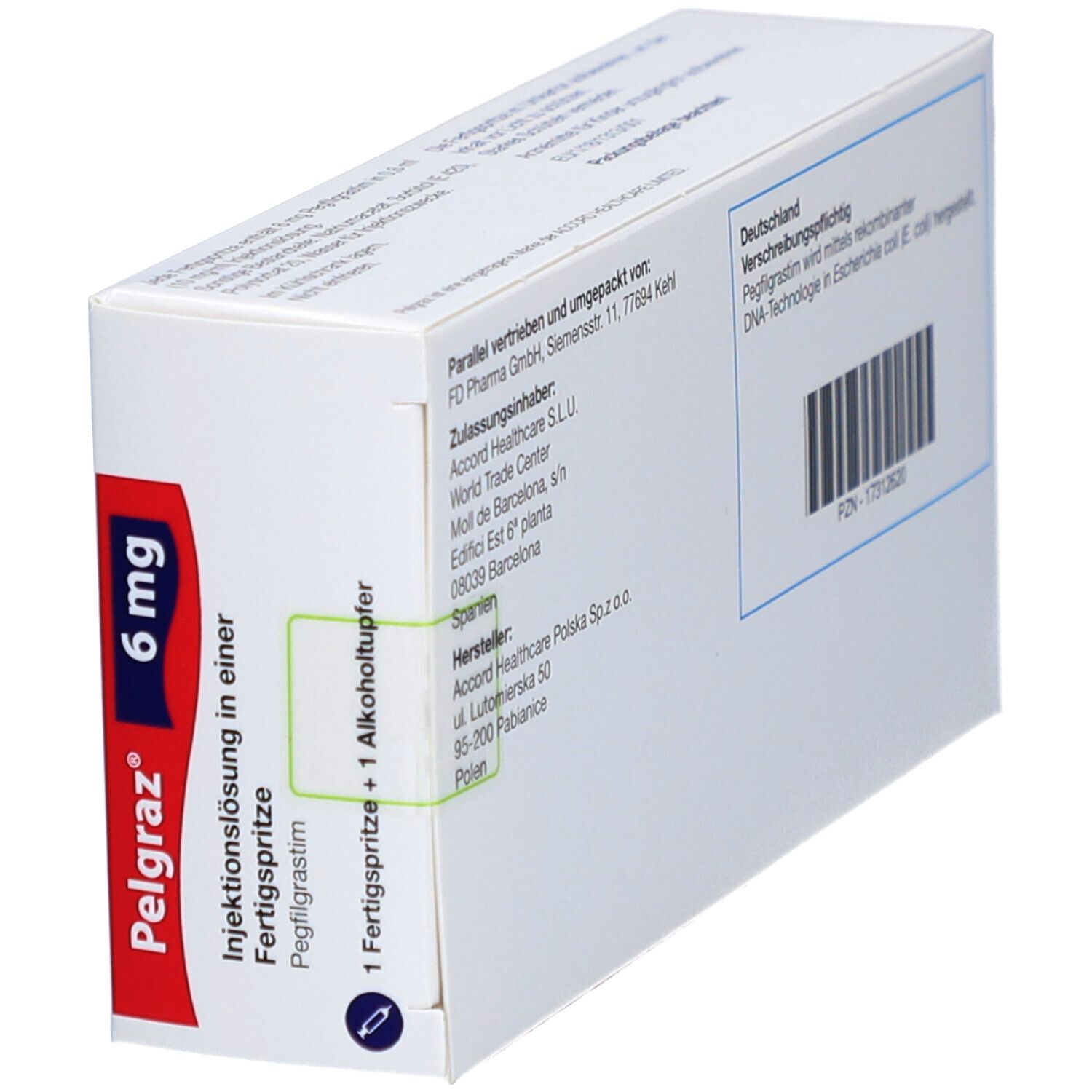 Schräg gestellte Rückseite der Pelgraz 6 mg Verpackung. Informationen: Hersteller, Chargennummer, PZN-Nummer und Inhaltsstoffe.