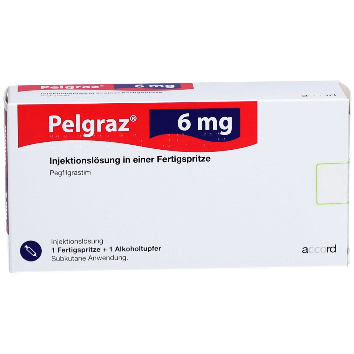 Verpackung von Pelgraz 6 mg. Aufschrift: Injektionslösung in einer Fertigspritze. Enthält eine Fertigspritze und Alkoholtupfer.