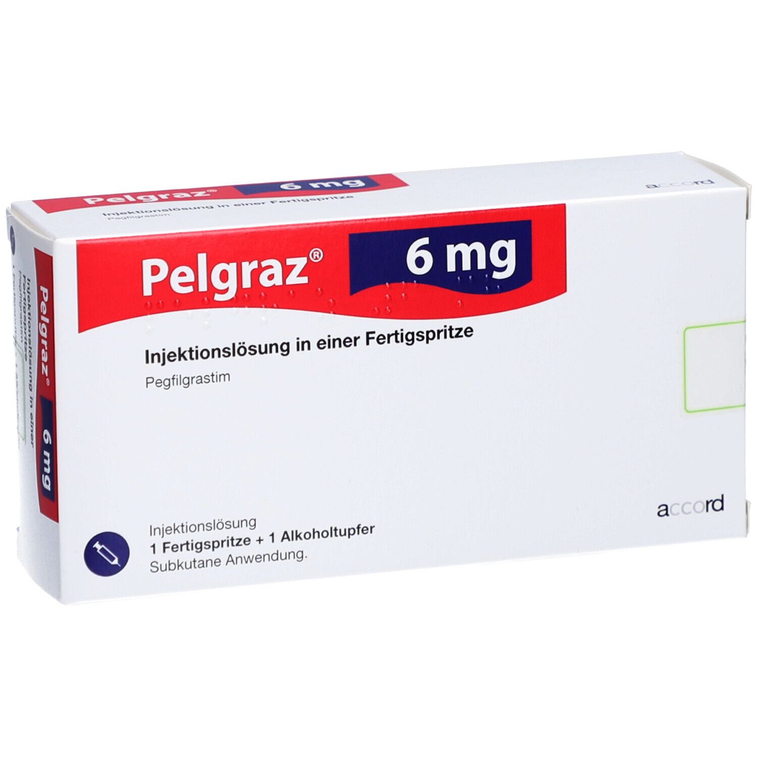 Verpackung von Pelgraz 6 mg. Aufschrift: Injektionslösung in einer Fertigspritze. Enthält eine Fertigspritze und Alkoholtupfer.