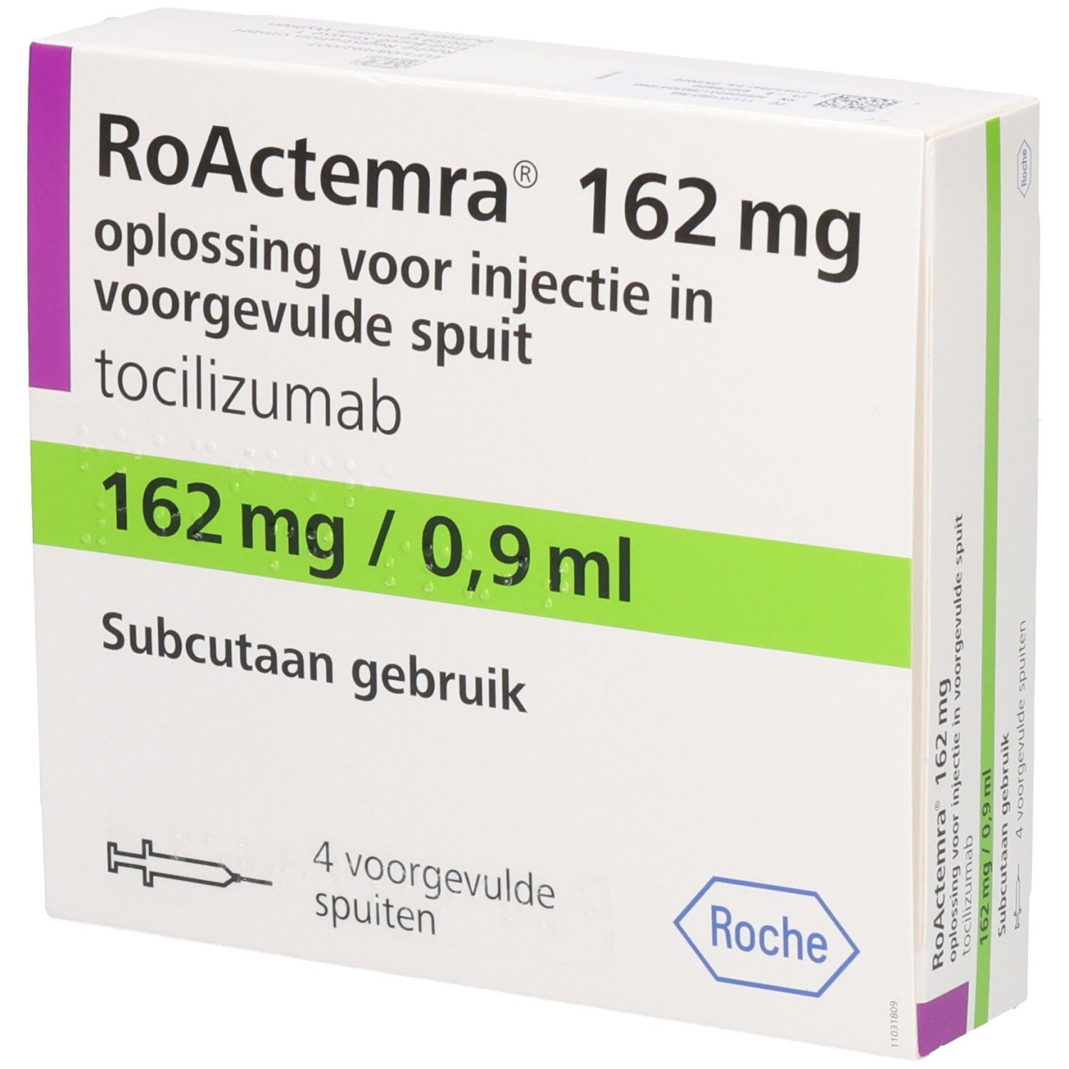 Packung ROACTEMRA 162 mg. Lösung zur Injektion in Fertigspritze. Enthält 4 Fertigspritzen. Roche-Logo.