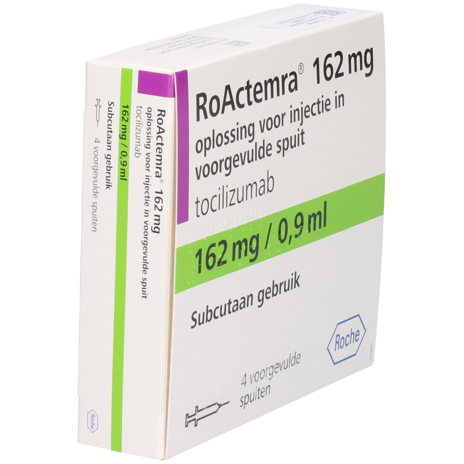 ROACTEMRA 162 mg Packung, schräg. Lösung zur Injektion in Fertigspritze. 4 Fertigspritzen. Roche-Logo.