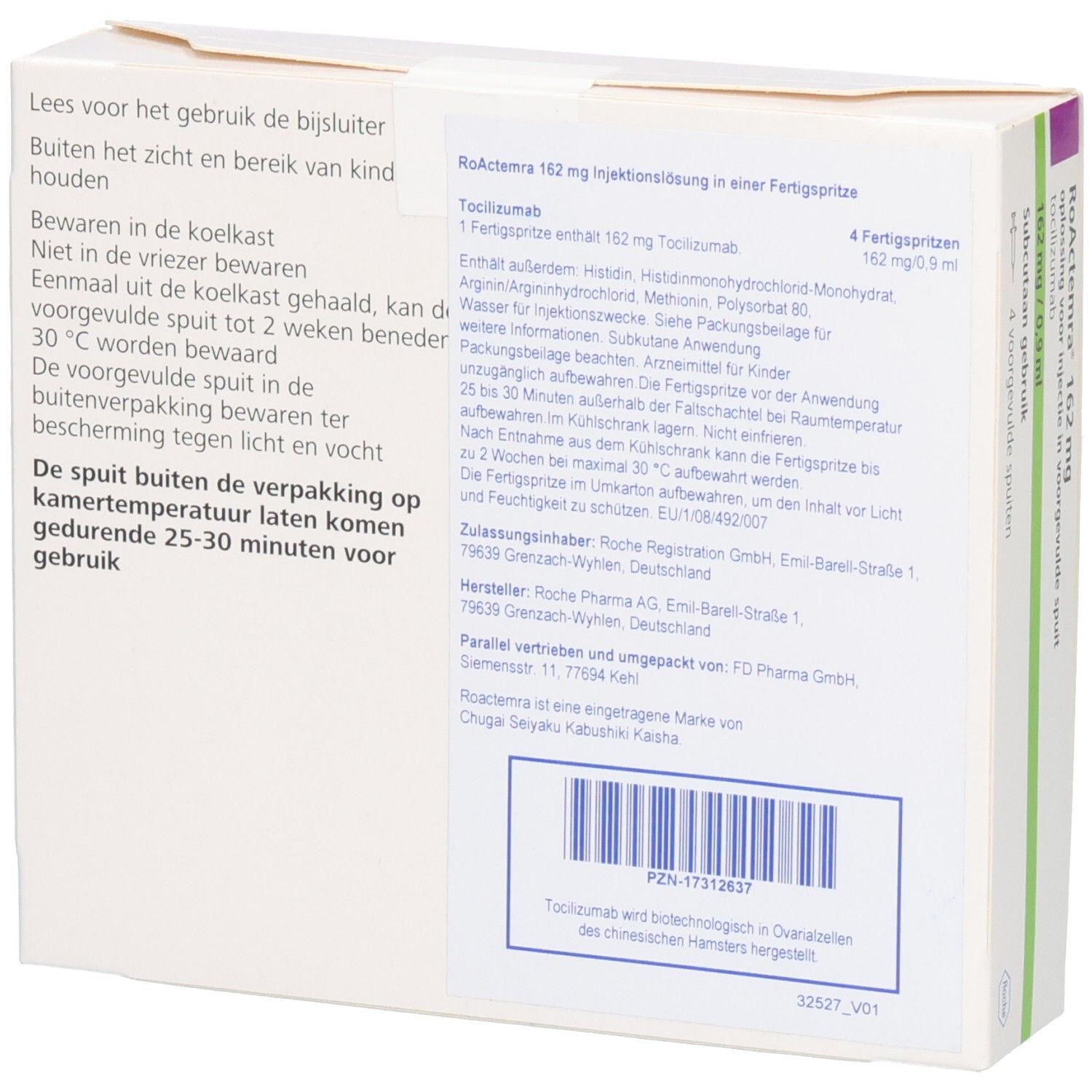 Rückseite der ROACTEMRA 162 mg Packung. Text in Deutsch. Enthält Informationen zur Anwendung und Lagerung.