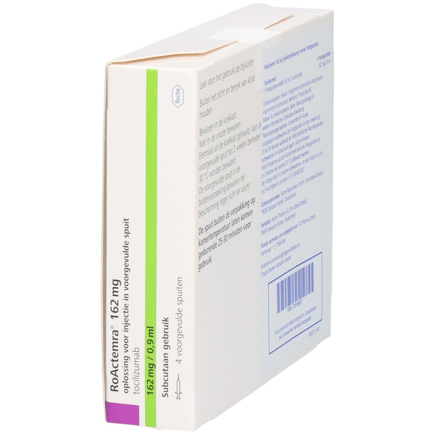 ROACTEMRA 162 mg Packung, schräg. Rückseite mit Text. Roche-Logo. 4 Fertigspritzen.