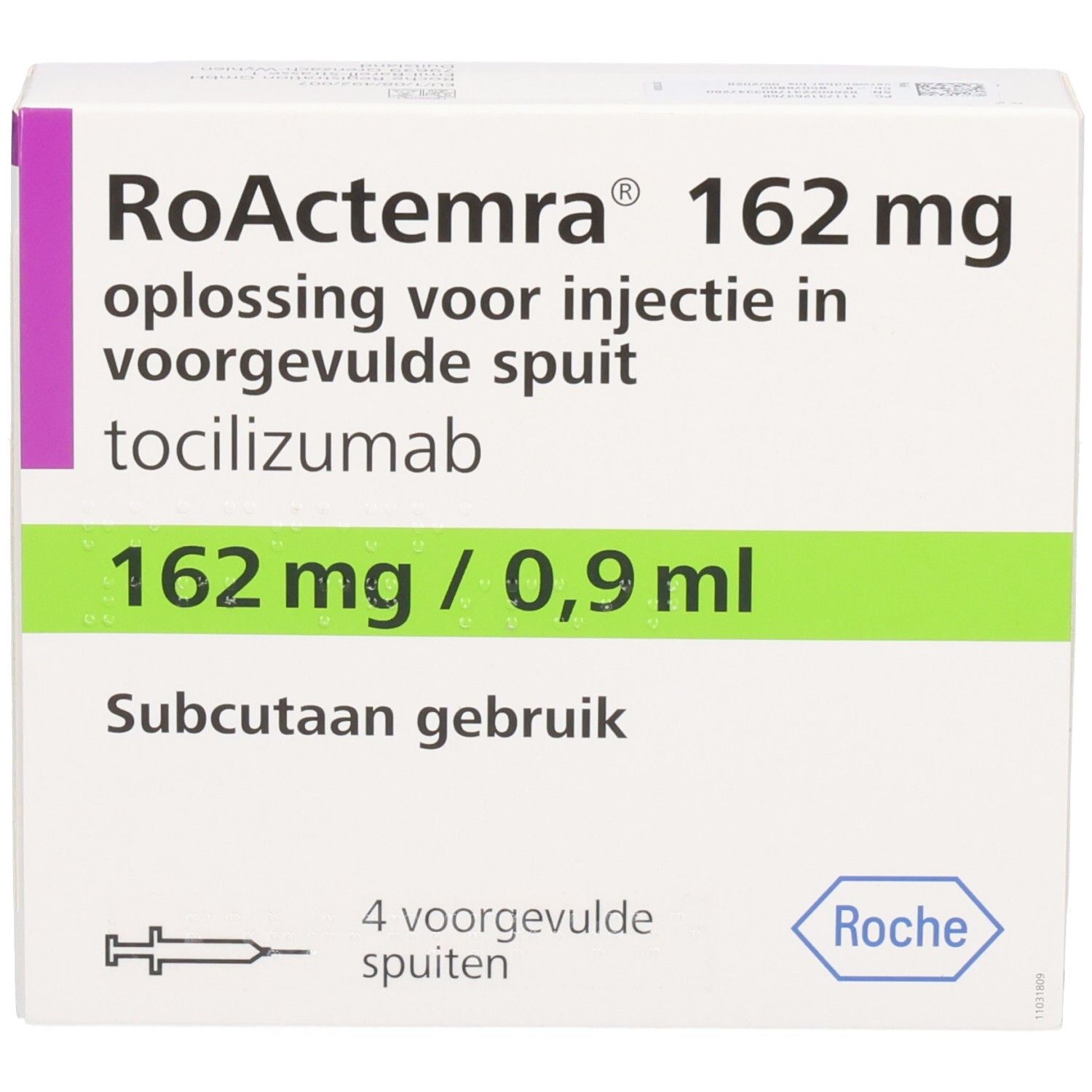 ROACTEMRA 162 mg Packung. Lösung zur Injektion in Fertigspritze. 4 Fertigspritzen. Roche-Logo.