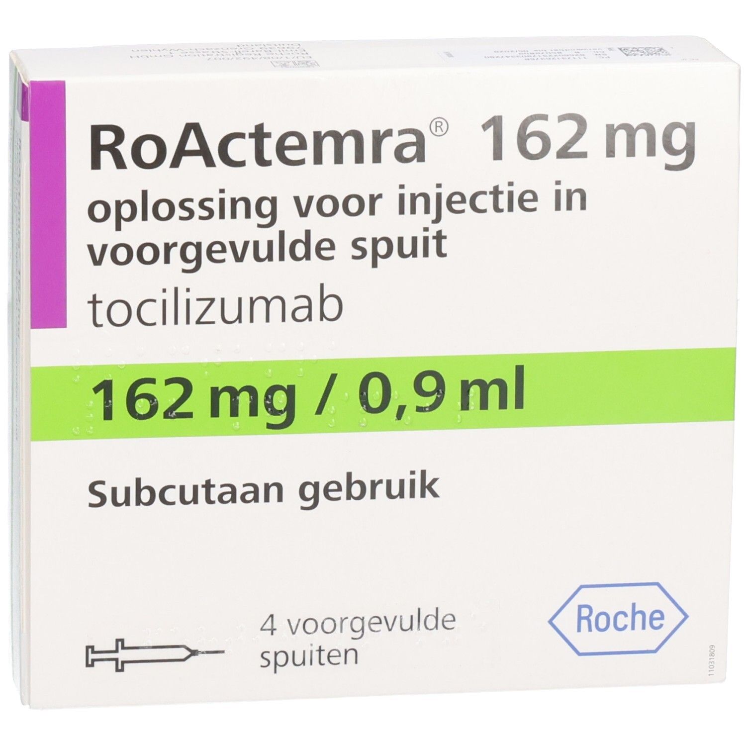 ROACTEMRA 162 mg Packung. Lösung zur Injektion in Fertigspritze. 4 Fertigspritzen. Roche-Logo.