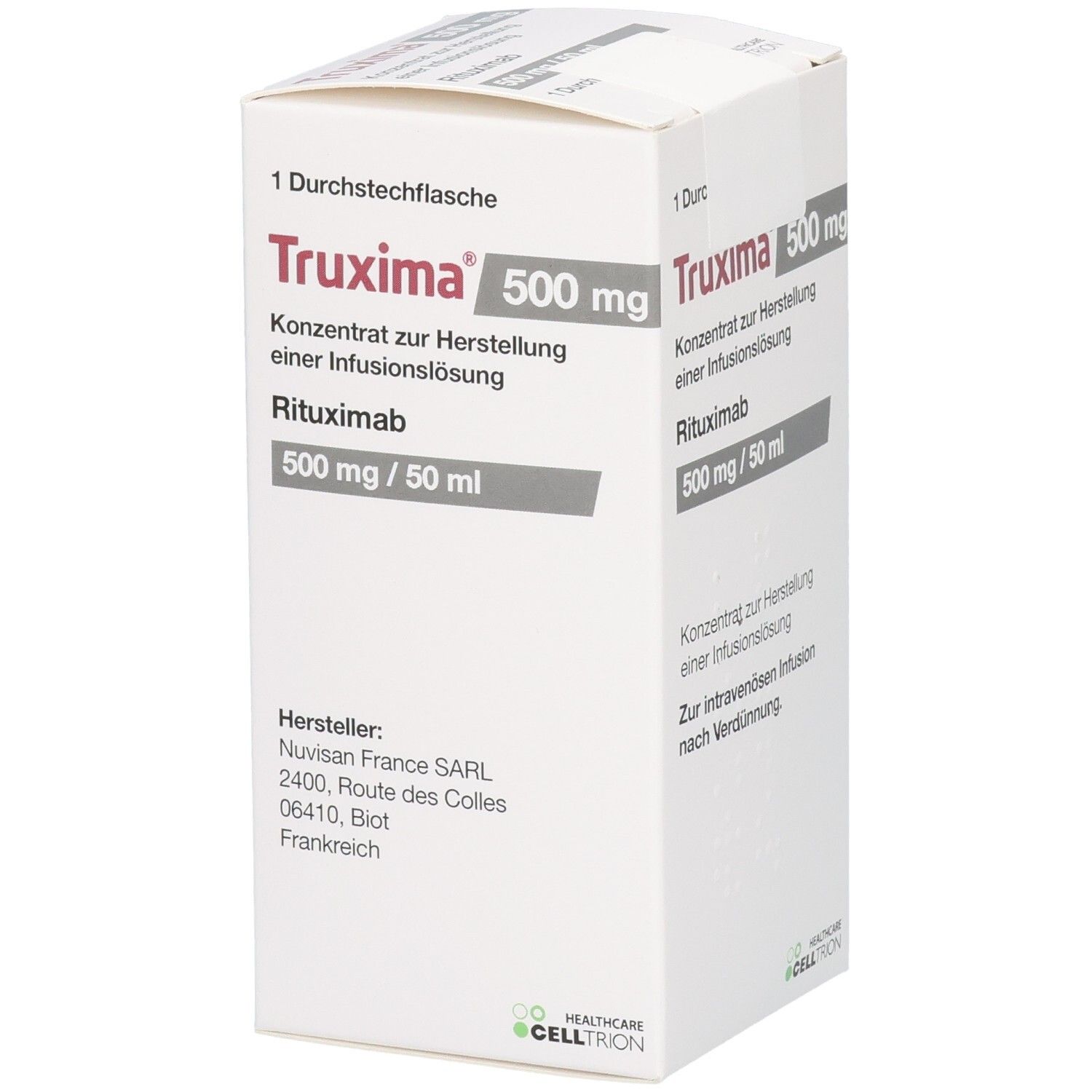 Karton mit TRUXIMA 500 mg. Konzentrat zur Herstellung einer Infusionslösung. Rituximab. Weiße Verpackung mit Text und Logo.