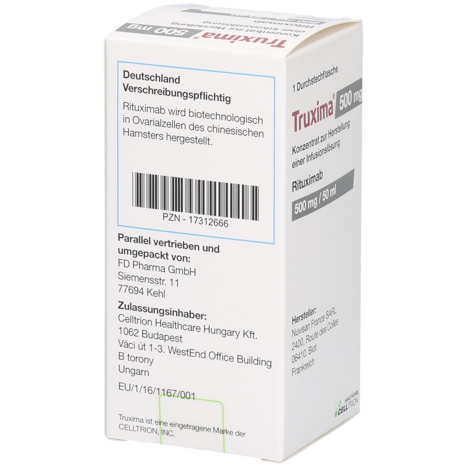 Rückseite der TRUXIMA 500 mg Verpackung. Textinformationen, Barcode und Herstellerangaben. Weiße Kartonage.