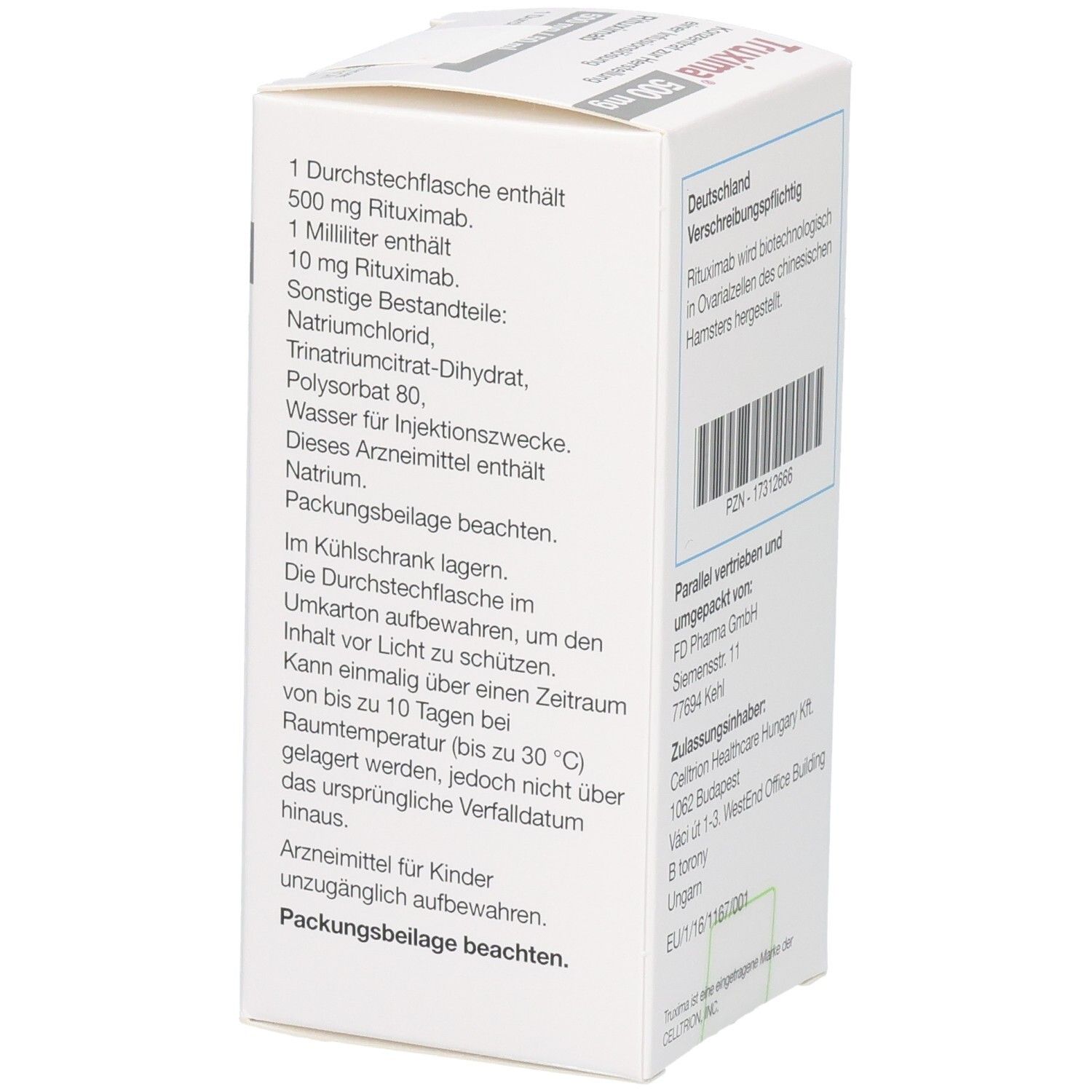 Rückseite der TRUXIMA 500 mg Verpackung. Textinformationen, Inhaltsstoffe und Lagerhinweise. Weiße Kartonage.