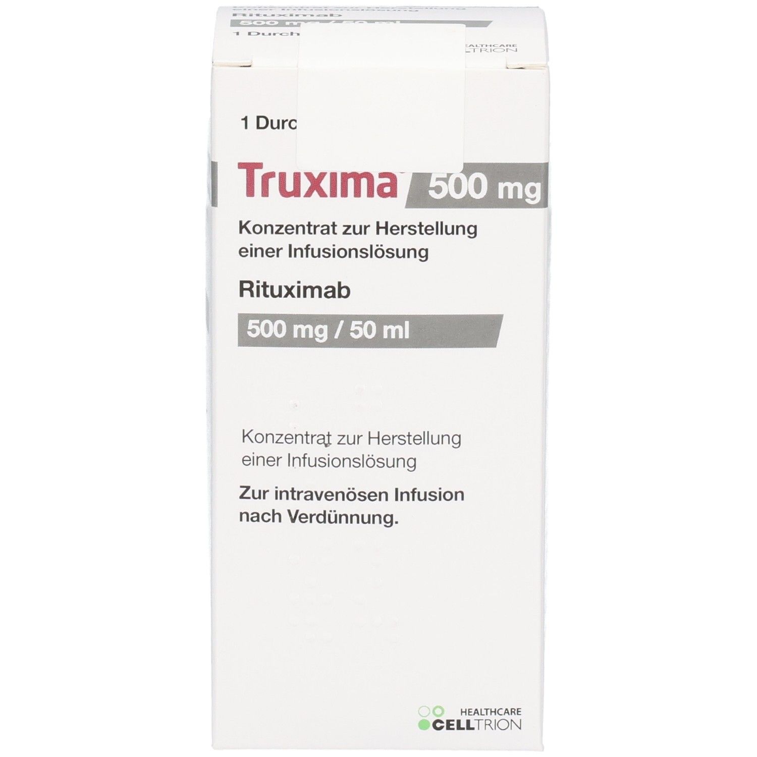 TRUXIMA 500 mg Verpackung. Konzentrat zur Herstellung einer Infusionslösung. Rituximab. Weiße Kartonage mit Text.