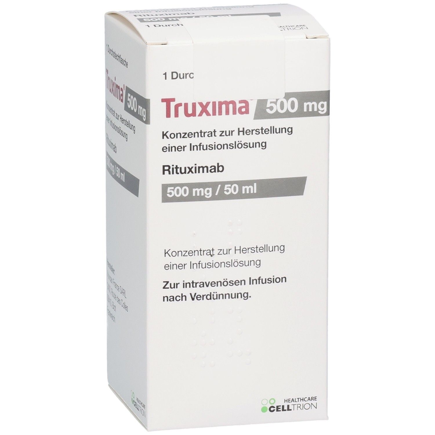 TRUXIMA 500 mg Verpackung. Konzentrat zur Herstellung einer Infusionslösung. Rituximab. Weiße Kartonage mit Text.