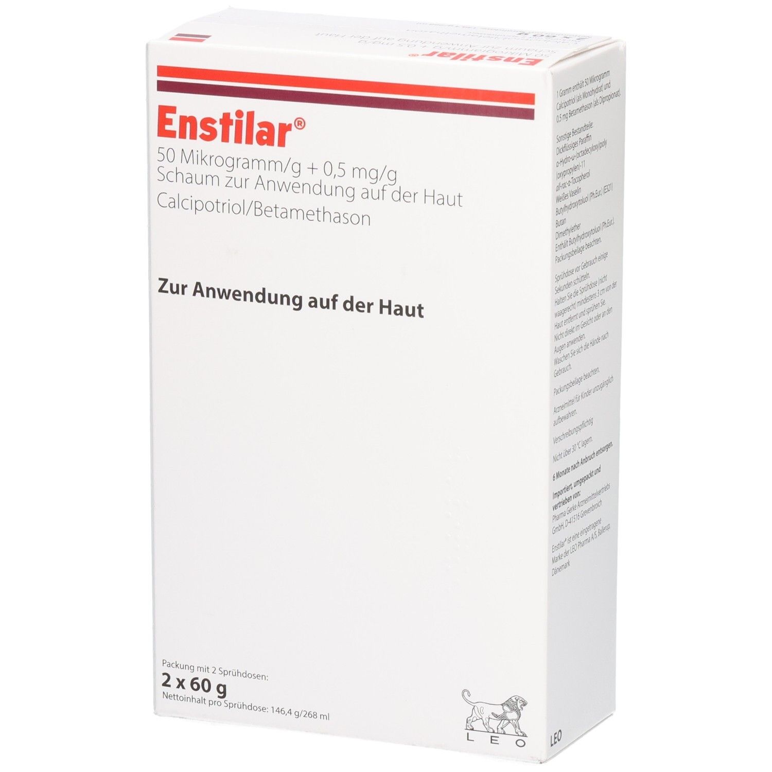 Weiße Faltschachtel mit roter Schrift. Enthält Enstilar Schaum zur Anwendung auf der Haut. Packung mit 2 Sprühdosen.