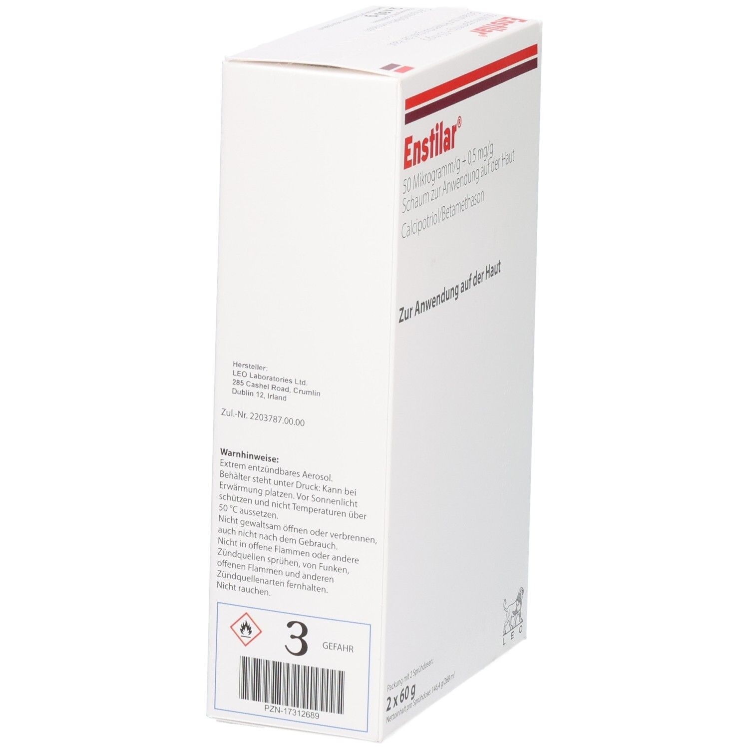 Weiße Faltschachtel, Rückseite. Enthält Informationen zu Enstilar. Gefahrensymbol 3. Packung mit 2 x 60g.