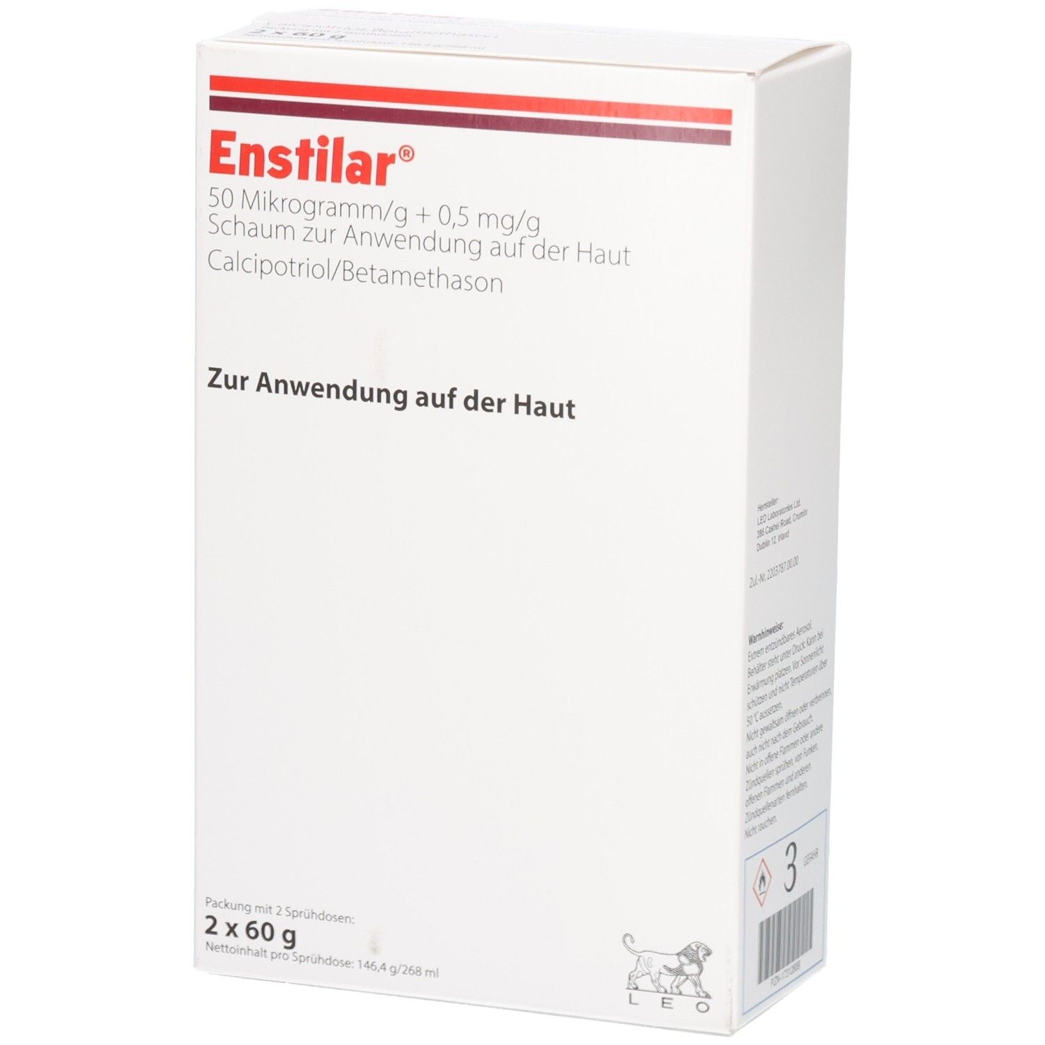 Weiße Faltschachtel mit roter Schrift. Enthält Enstilar Schaum zur Anwendung auf der Haut. Packung mit 2 Sprühdosen.
