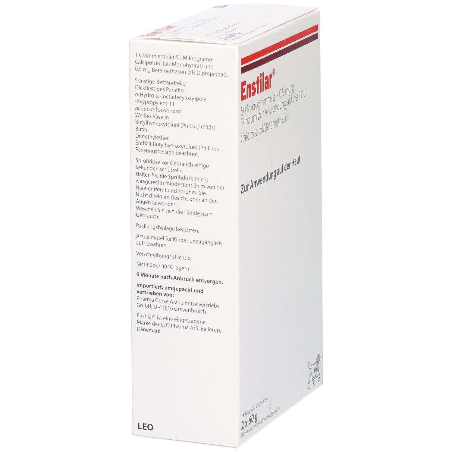 Weiße Faltschachtel, Seite mit Inhaltsstoffen und Anwendungshinweisen. Enthält Enstilar. Packung mit 2 x 60g.