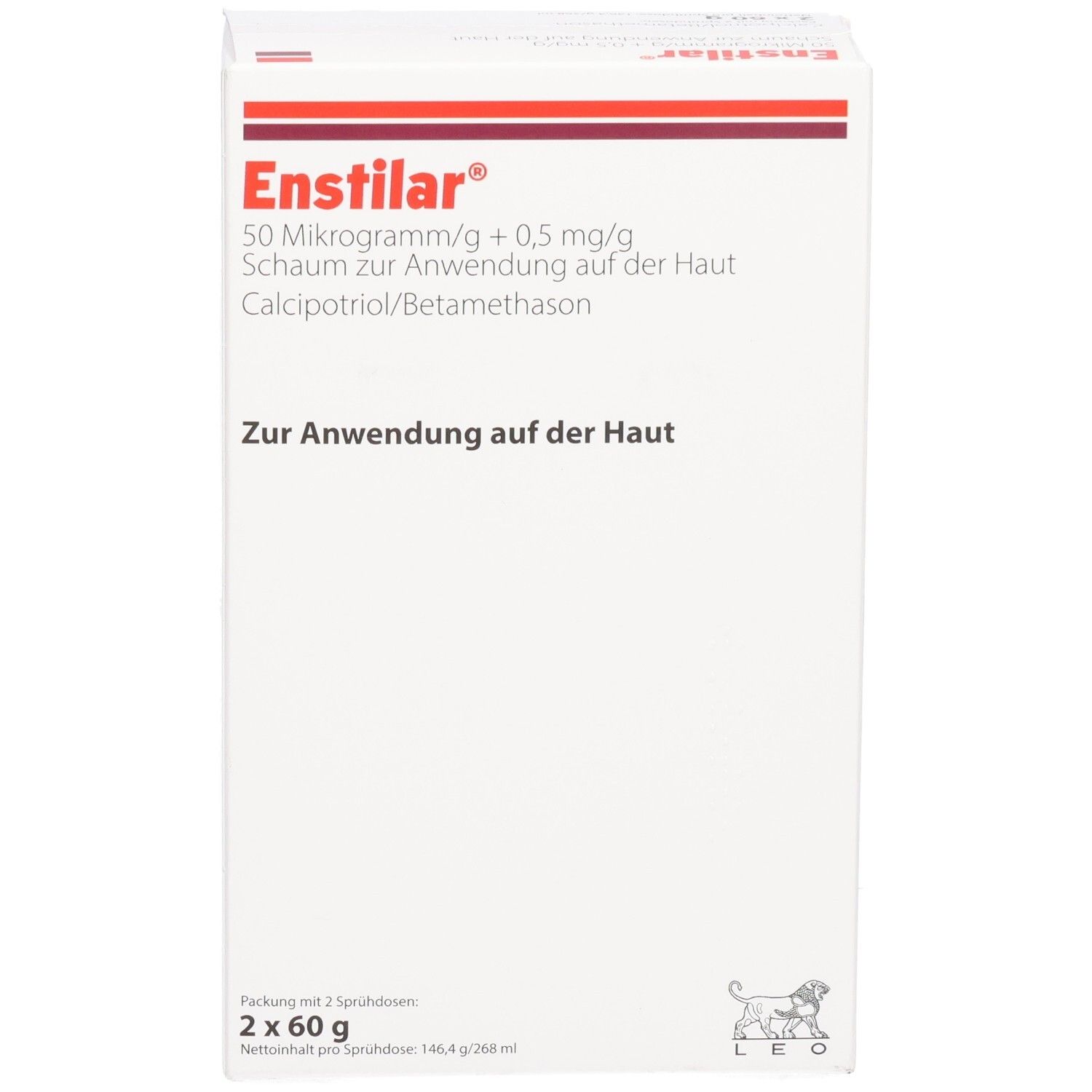 Weiße Faltschachtel mit roter Schrift. Enthält Enstilar Schaum zur Anwendung auf der Haut. Packung mit 2 Sprühdosen.