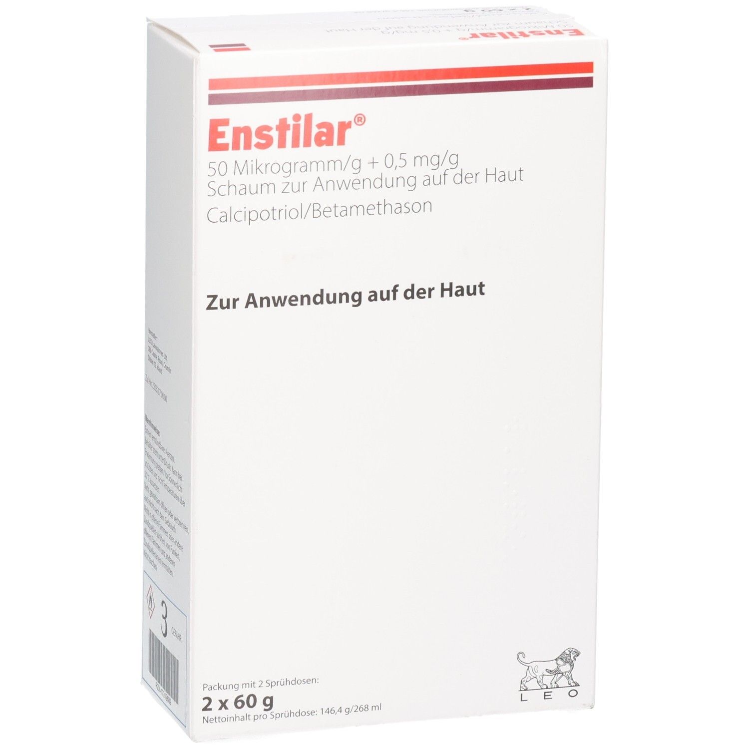 Weiße Faltschachtel mit roter Schrift. Enthält Enstilar Schaum zur Anwendung auf der Haut. Packung mit 2 Sprühdosen.