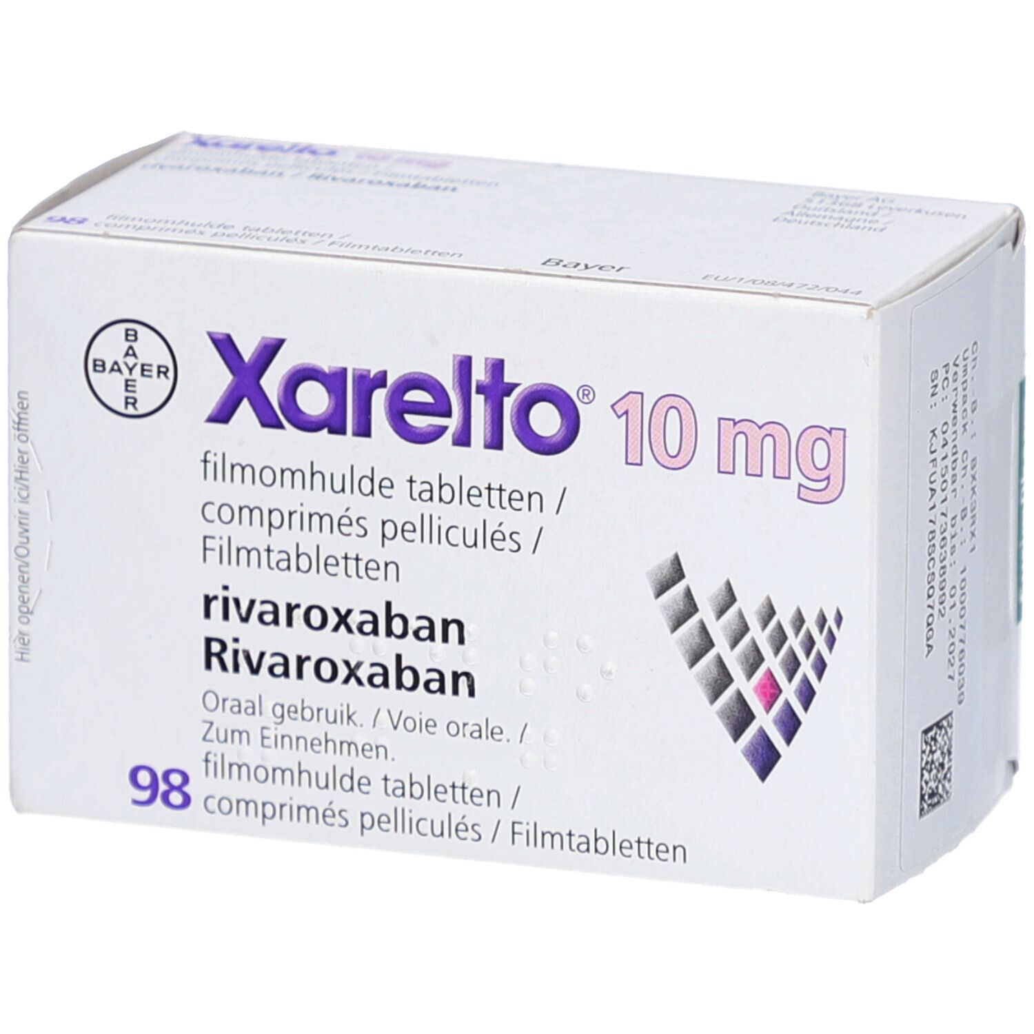 Xarelto 10 mg Filmtabletten-Packung. Bayer-Logo. 98 Tabletten. Text in Deutsch, Französisch, Niederländisch. Rivaroxaban.
