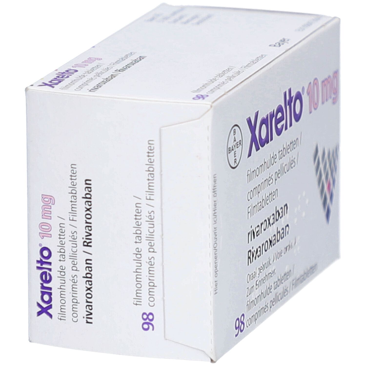 Xarelto 10 mg Packung, schräg. Bayer-Logo. 98 Tabletten. Text in Deutsch, Französisch, Niederländisch. Rivaroxaban.