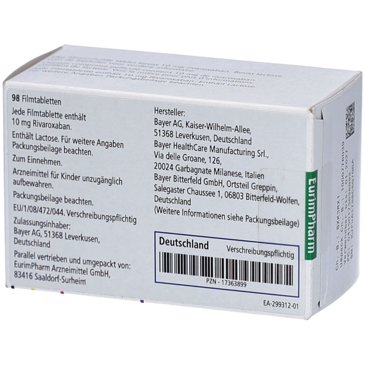 Rückseite der Xarelto 10 mg Packung. Herstellerinformationen. Text in Deutsch, Italienisch. Barcode und PZN-Nummer.