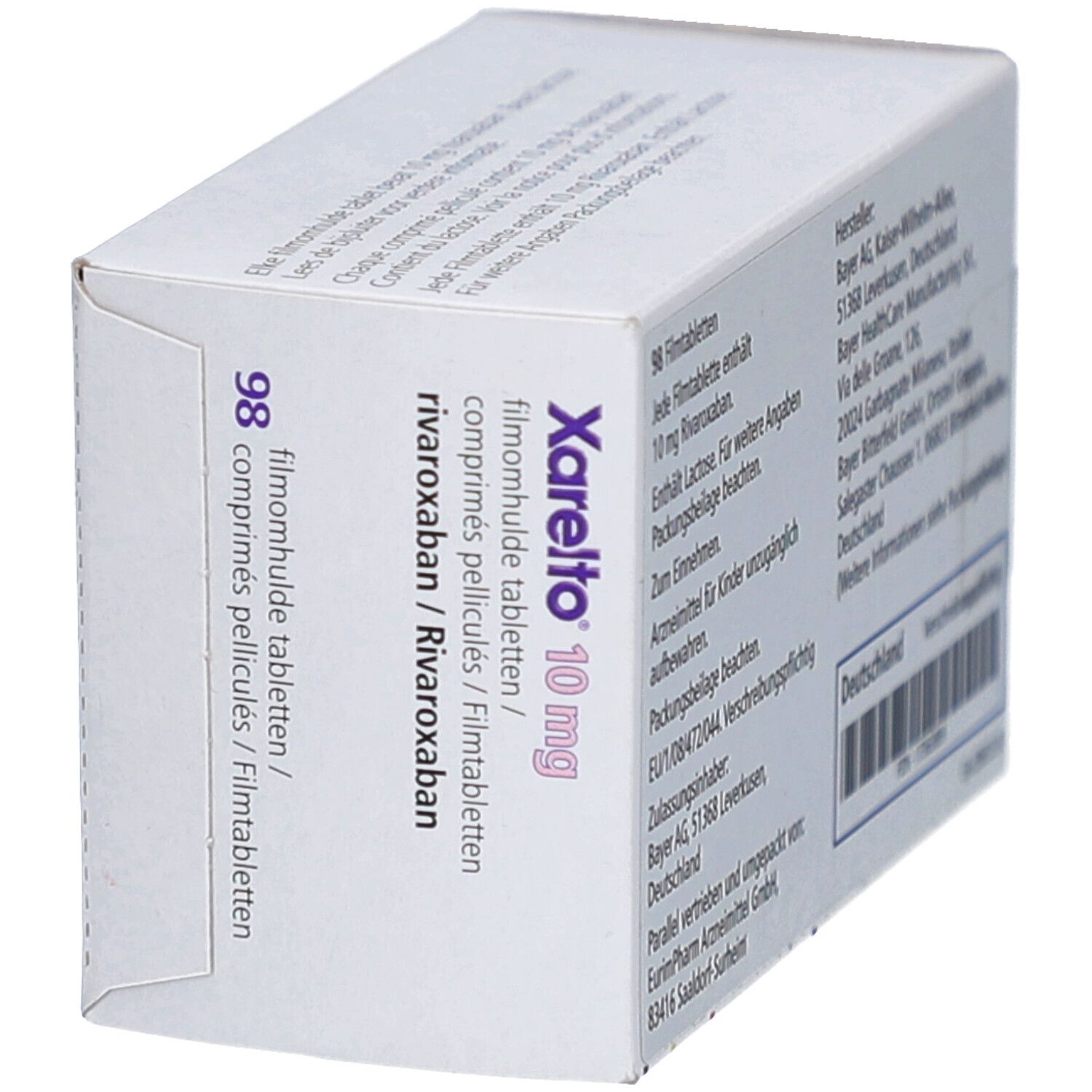 Xarelto 10 mg Packung, schräg. Text in Deutsch, Französisch, Niederländisch. 98 Tabletten. Rivaroxaban.