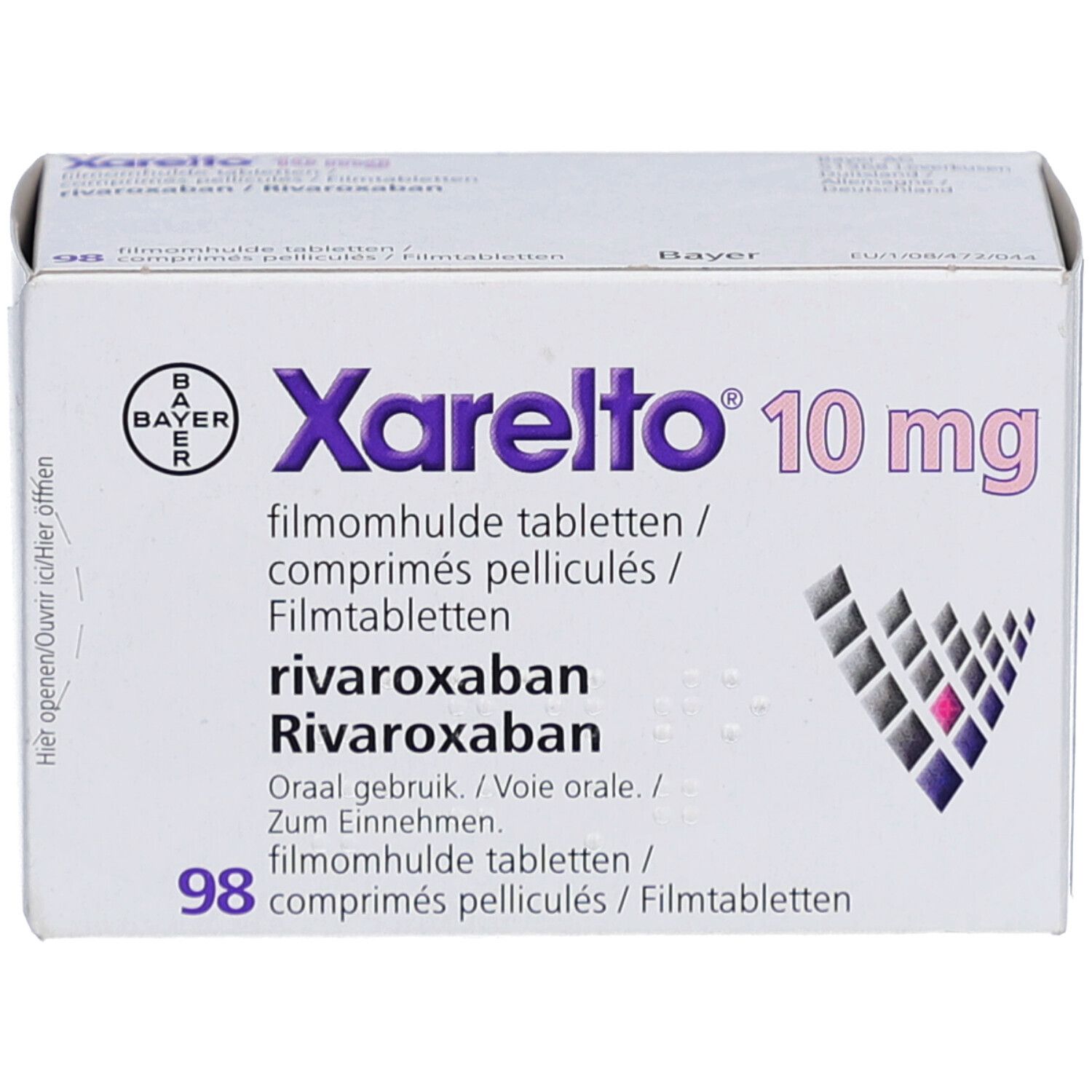 Xarelto 10 mg Filmtabletten-Packung. Bayer-Logo. 98 Tabletten. Text in Deutsch, Französisch, Niederländisch. Rivaroxaban.