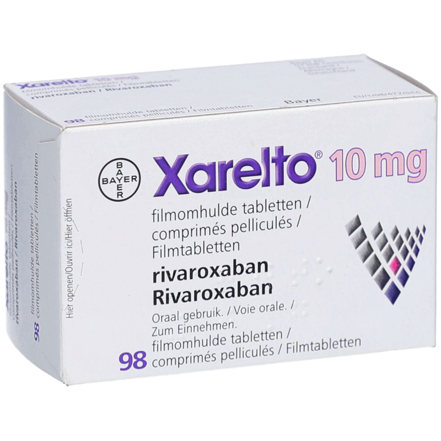Xarelto 10 mg Packung. Bayer-Logo. 98 Tabletten. Text in Deutsch, Französisch, Niederländisch. Rivaroxaban.