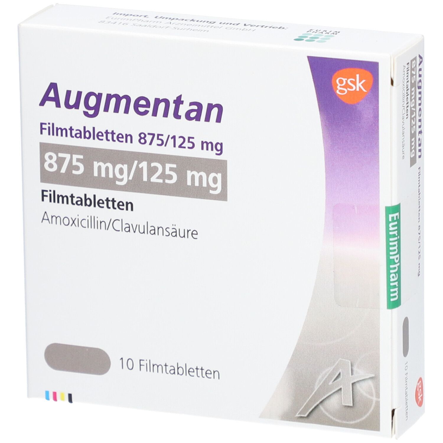 Augmentan Filmtabletten 875/125 mg Packung. Enthält 10 Tabletten. Aufschrift: 875 mg/125 mg, Amoxicillin/Clavulansäure.