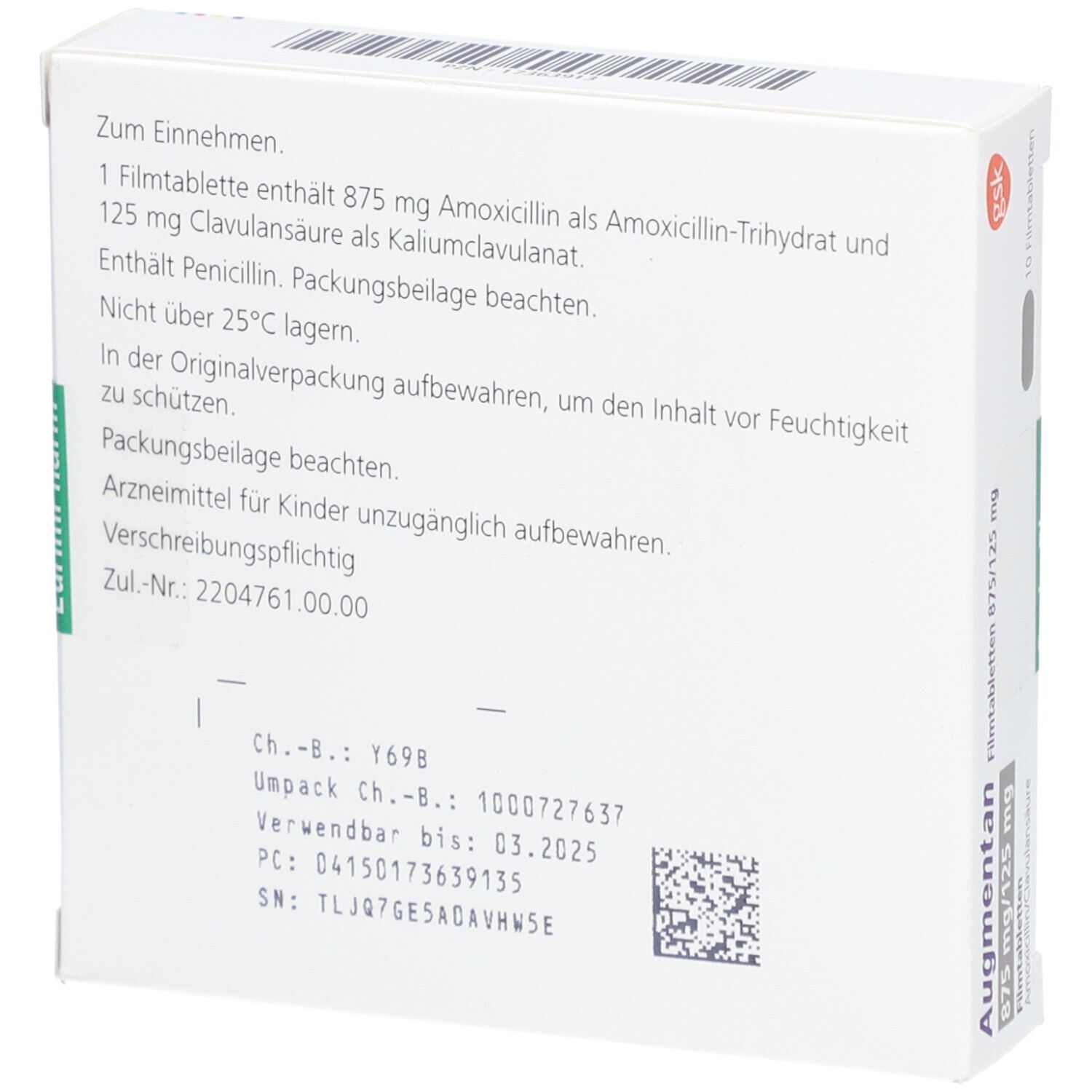 Rückseite der Augmentan-Packung. Text: 1 Filmtablette enthält 875 mg Amoxicillin und 125 mg Clavulansäure. Verfallsdatum: 03.2025.