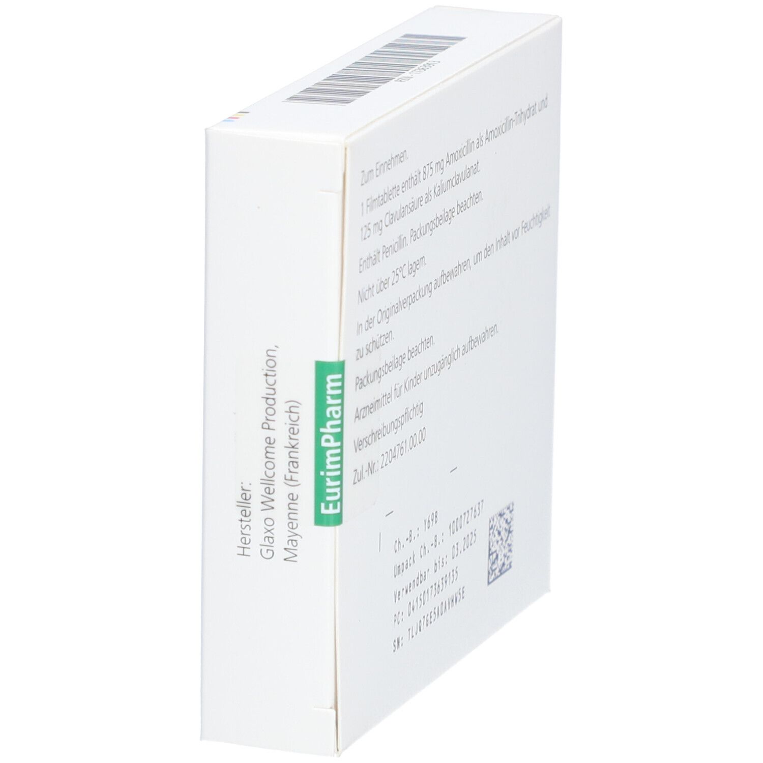 Seitenansicht der Augmentan-Packung. Hersteller: Glaxo Wellcome Production, Mayenne (Frankreich). Barcode und Text.