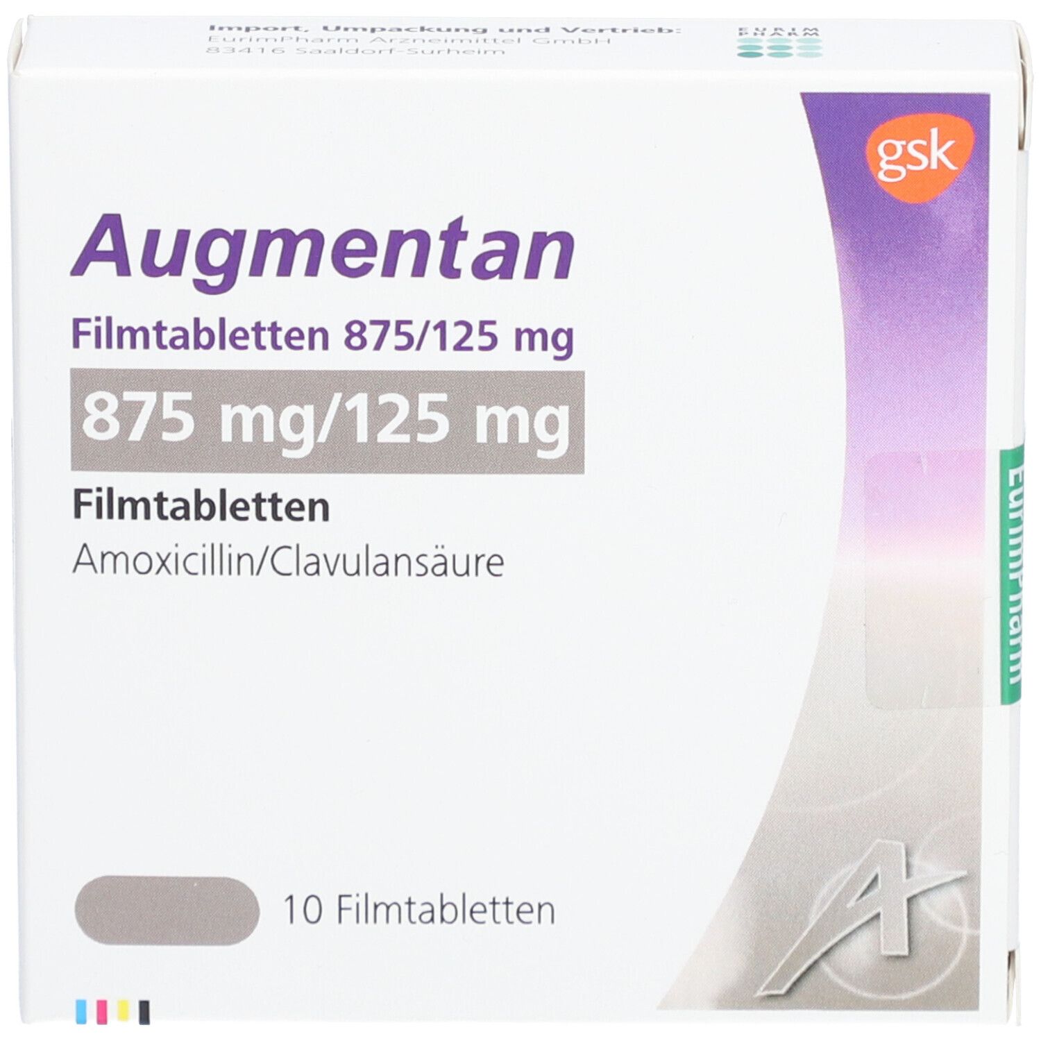 Augmentan Filmtabletten 875/125 mg Packung. Enthält 10 Tabletten. Aufschrift: 875 mg/125 mg, Amoxicillin/Clavulansäure.