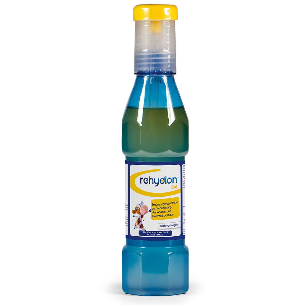 Flacon bleu transparent avec bouchon jaune. Inscription rehydion Gel. Étiquette avec illustration et texte.